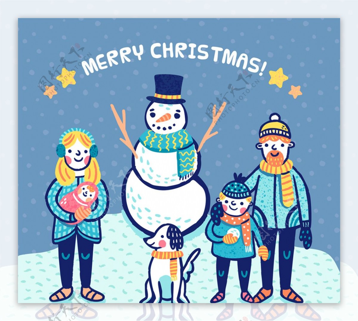 彩绘圣诞节四口之家和雪人矢量图