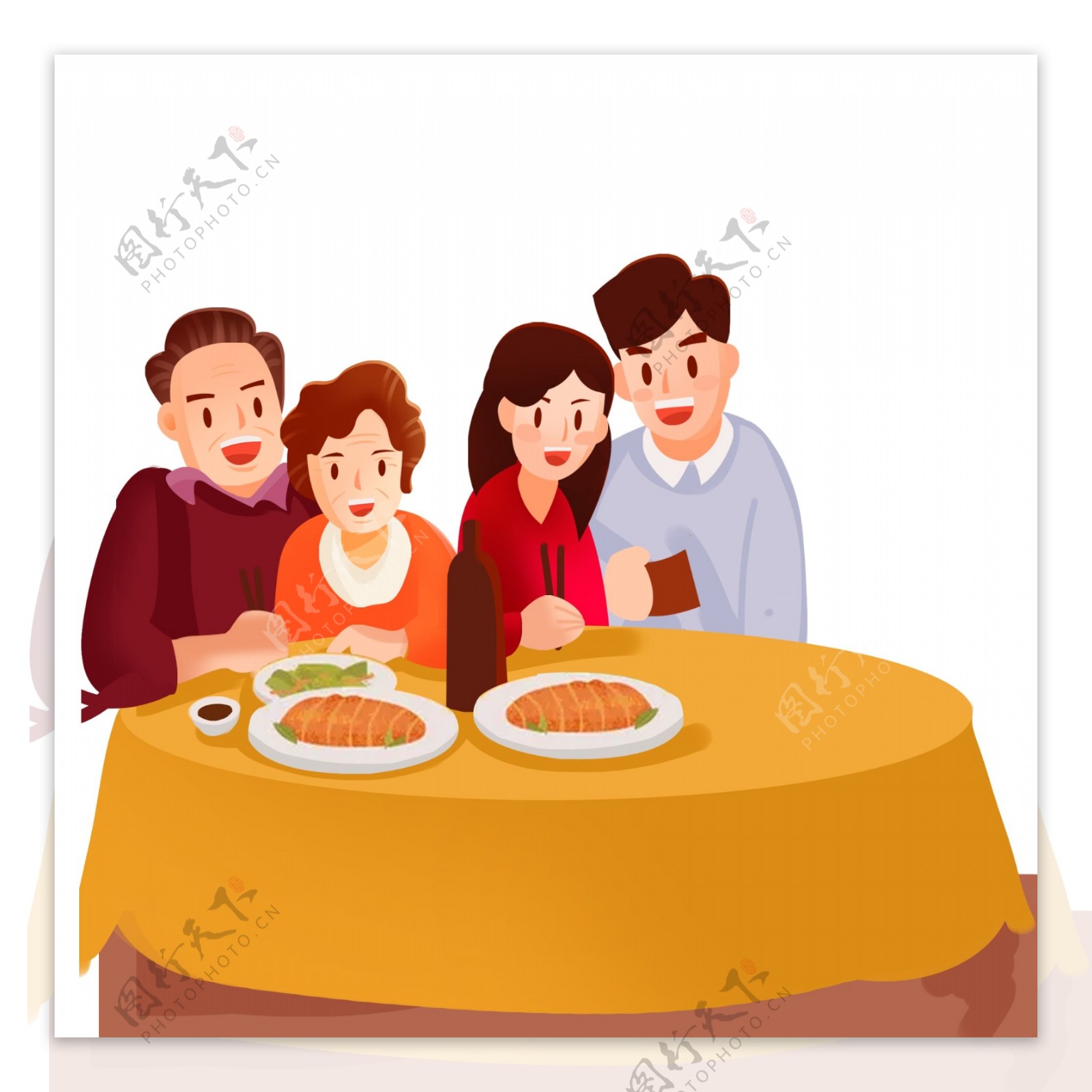 春节一家人坐在桌子上吃饭免抠图