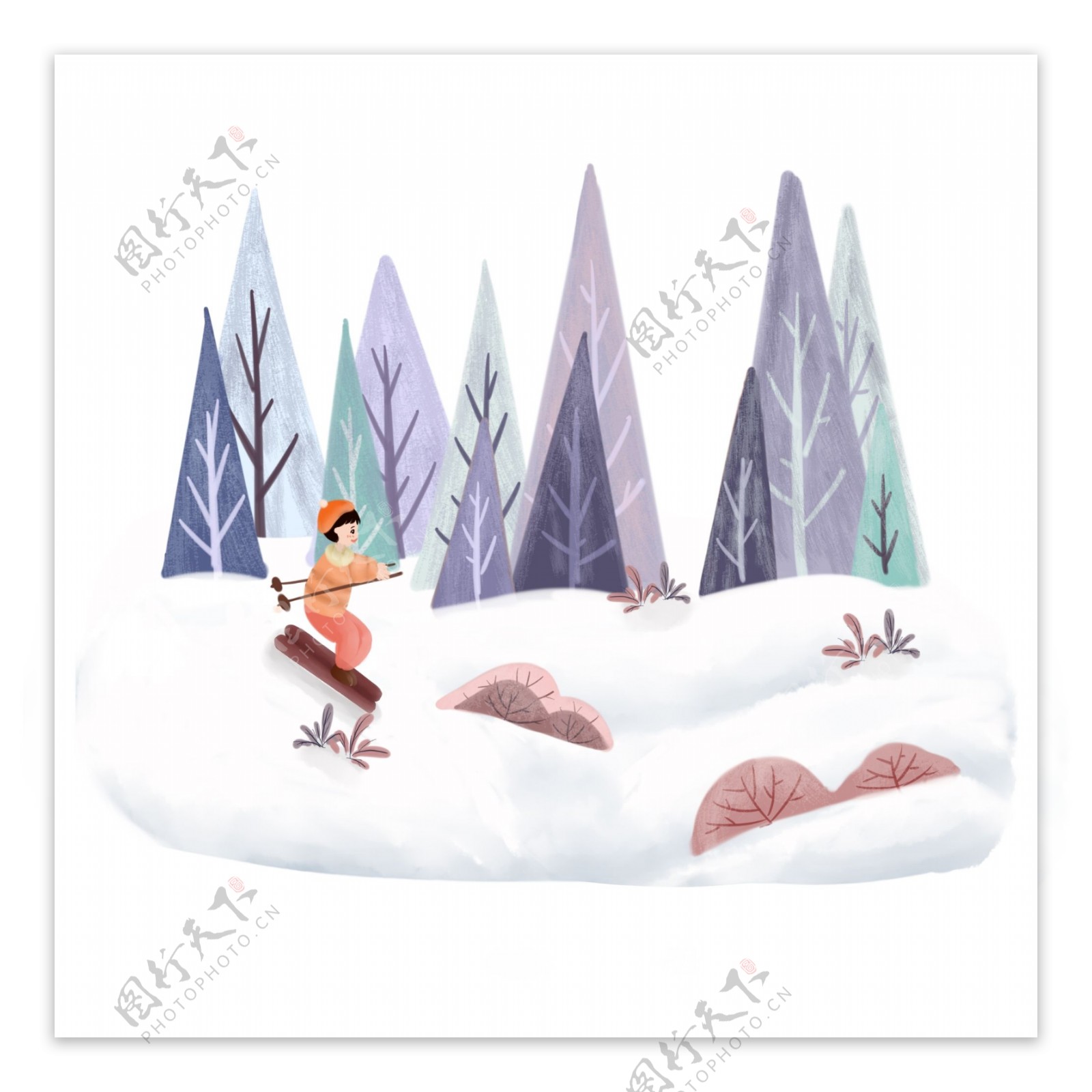 冬季雪景小孩滑雪手绘插画