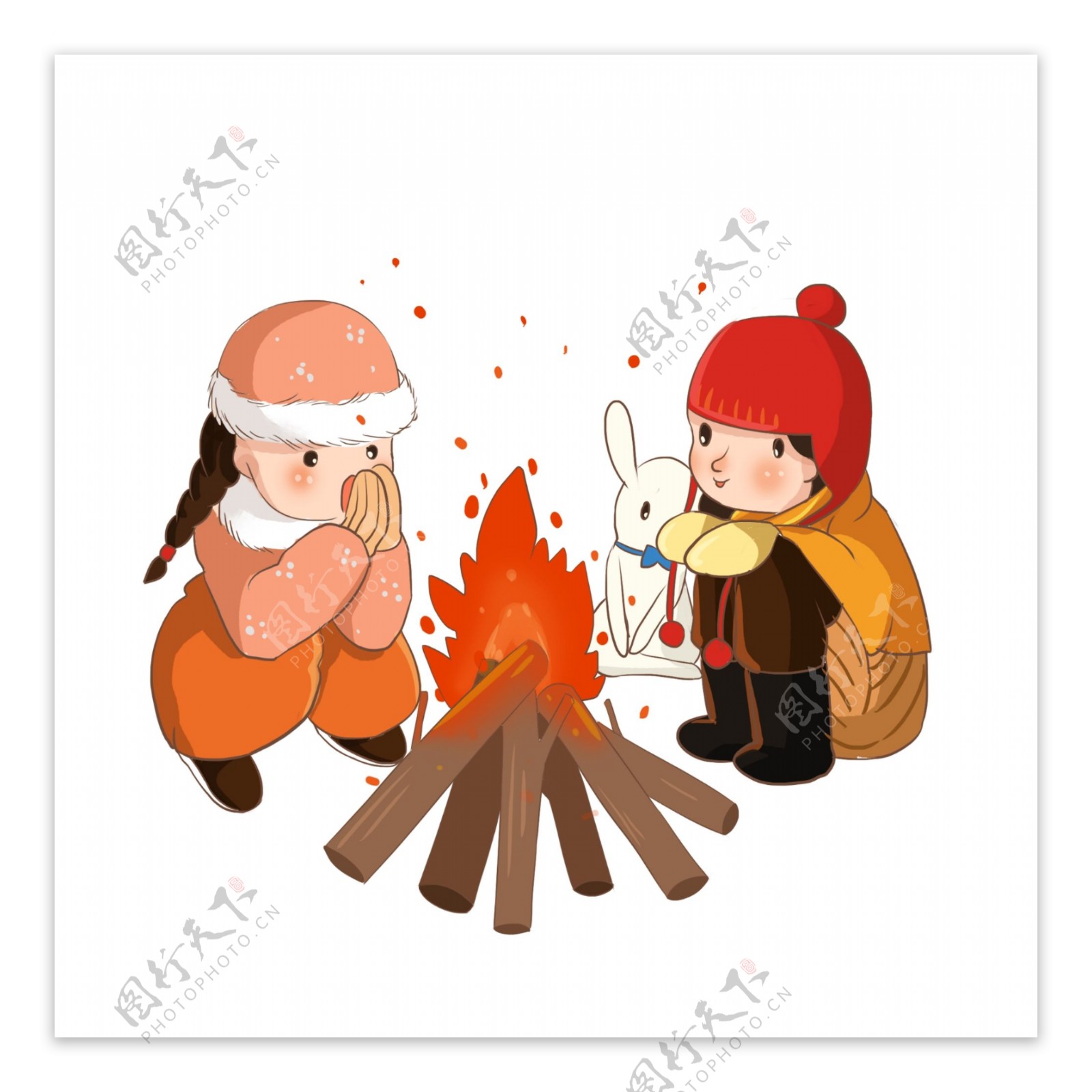 冬季用柴堆取暖的小女孩