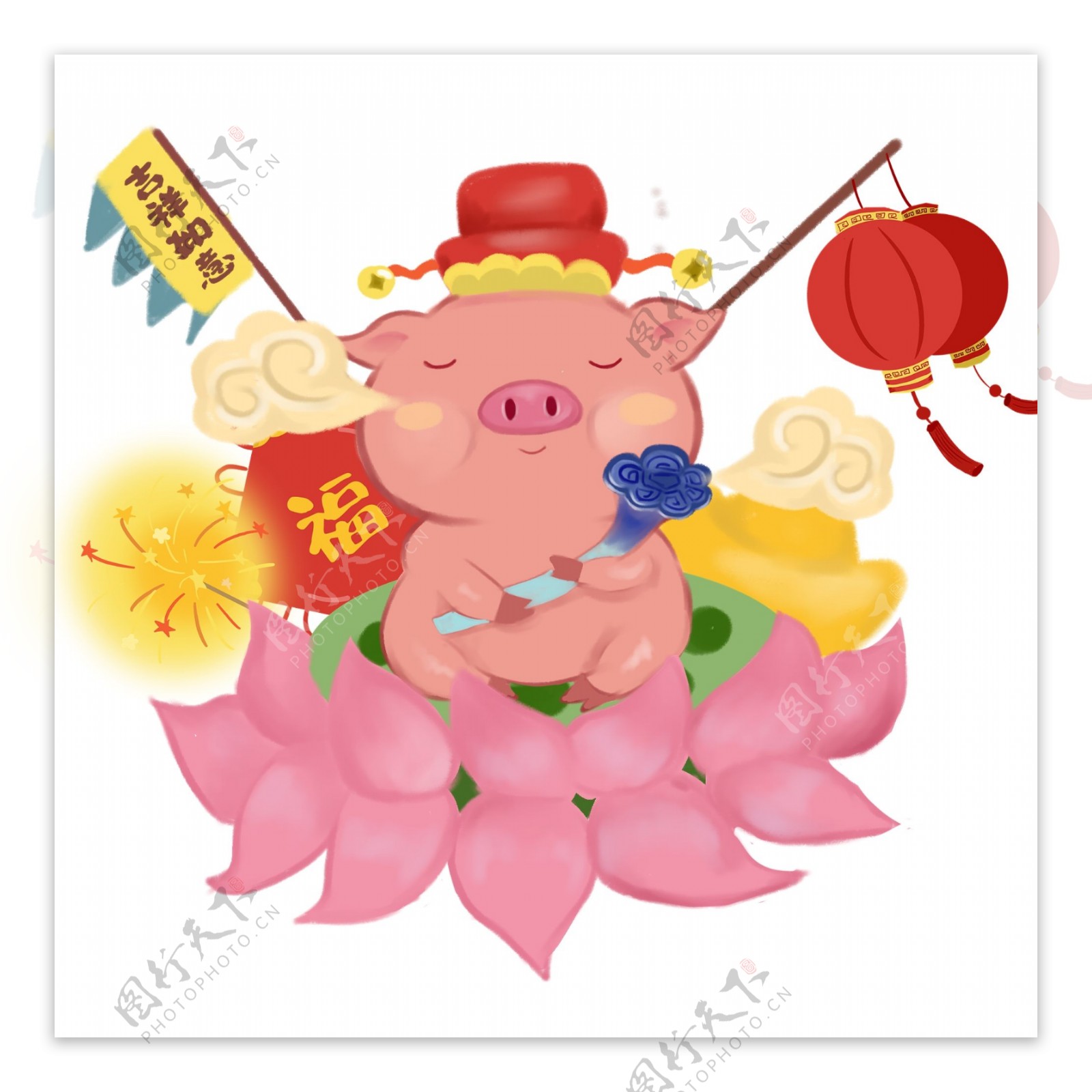 春节猪年彩色手绘贺岁猪