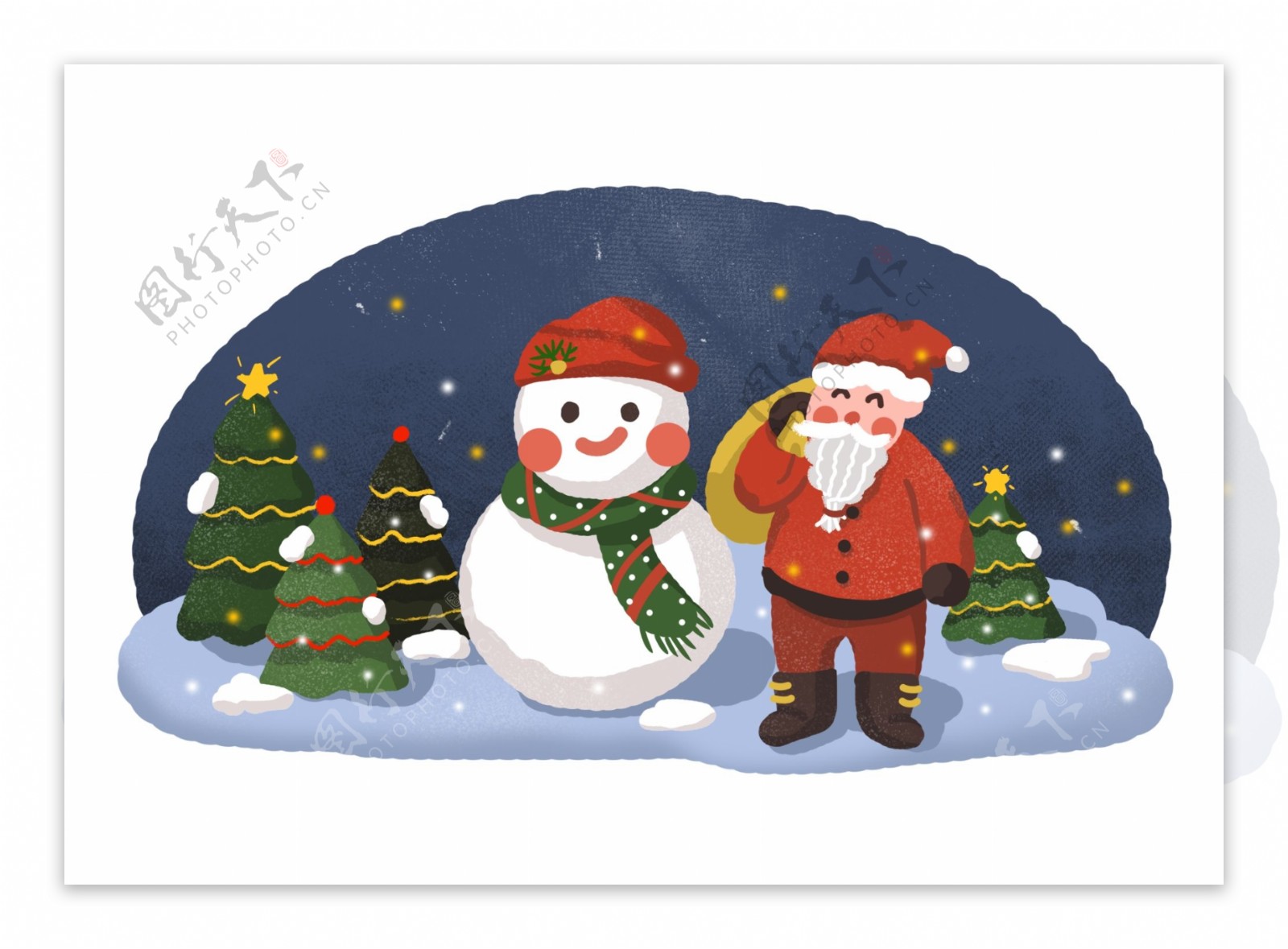 圣诞节圣诞夜圣诞老人雪人和圣诞树