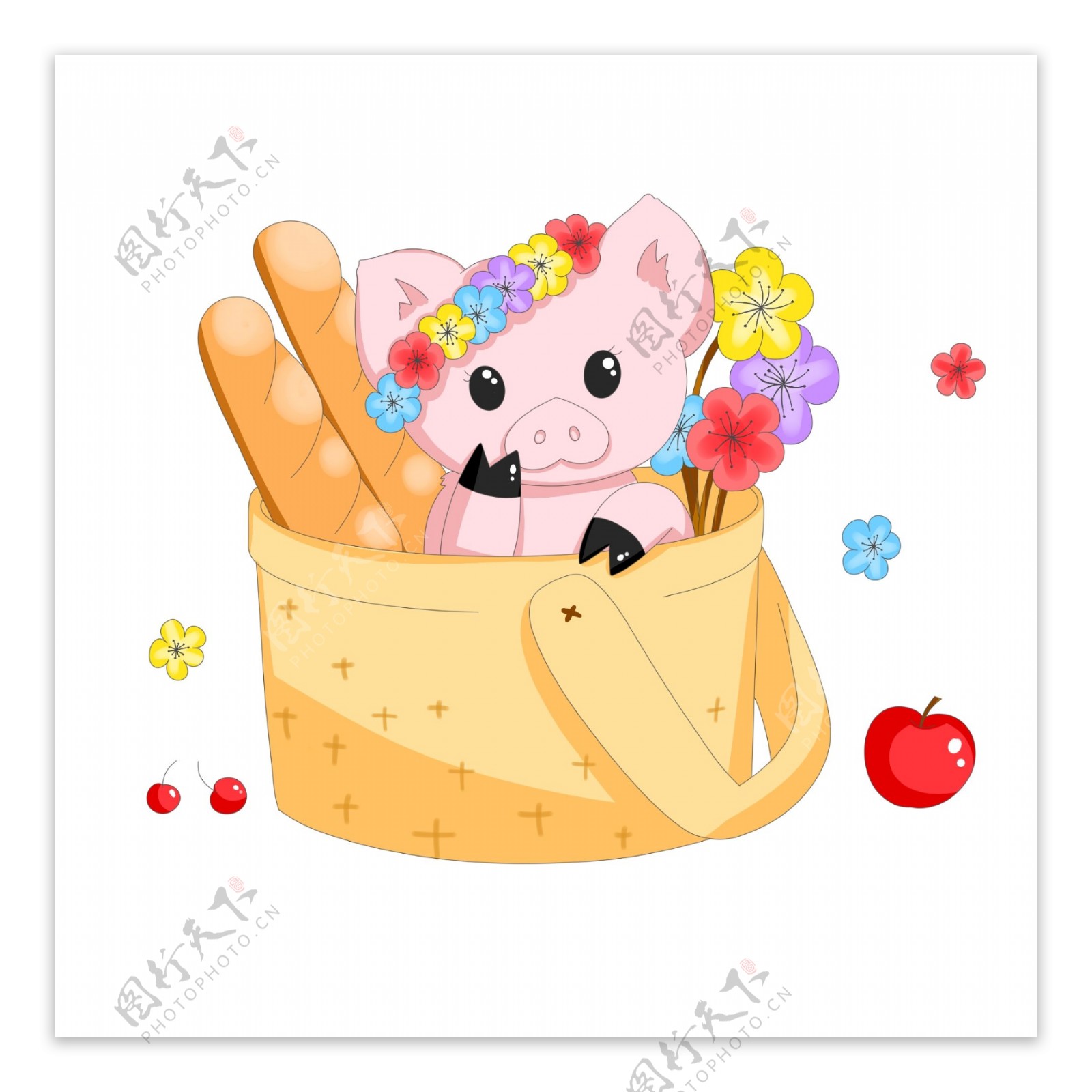 新年可爱小猪在篮子里的小猪png手绘素材