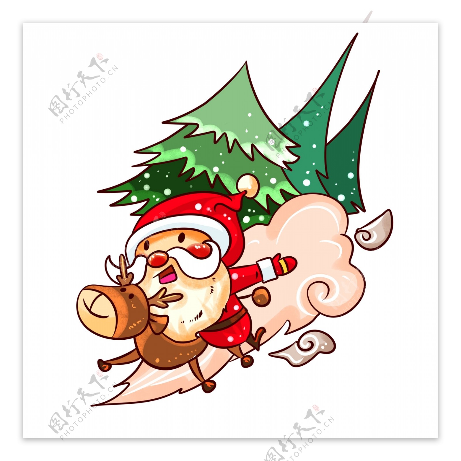 圣诞节圣诞老人骑着麋鹿手绘插画