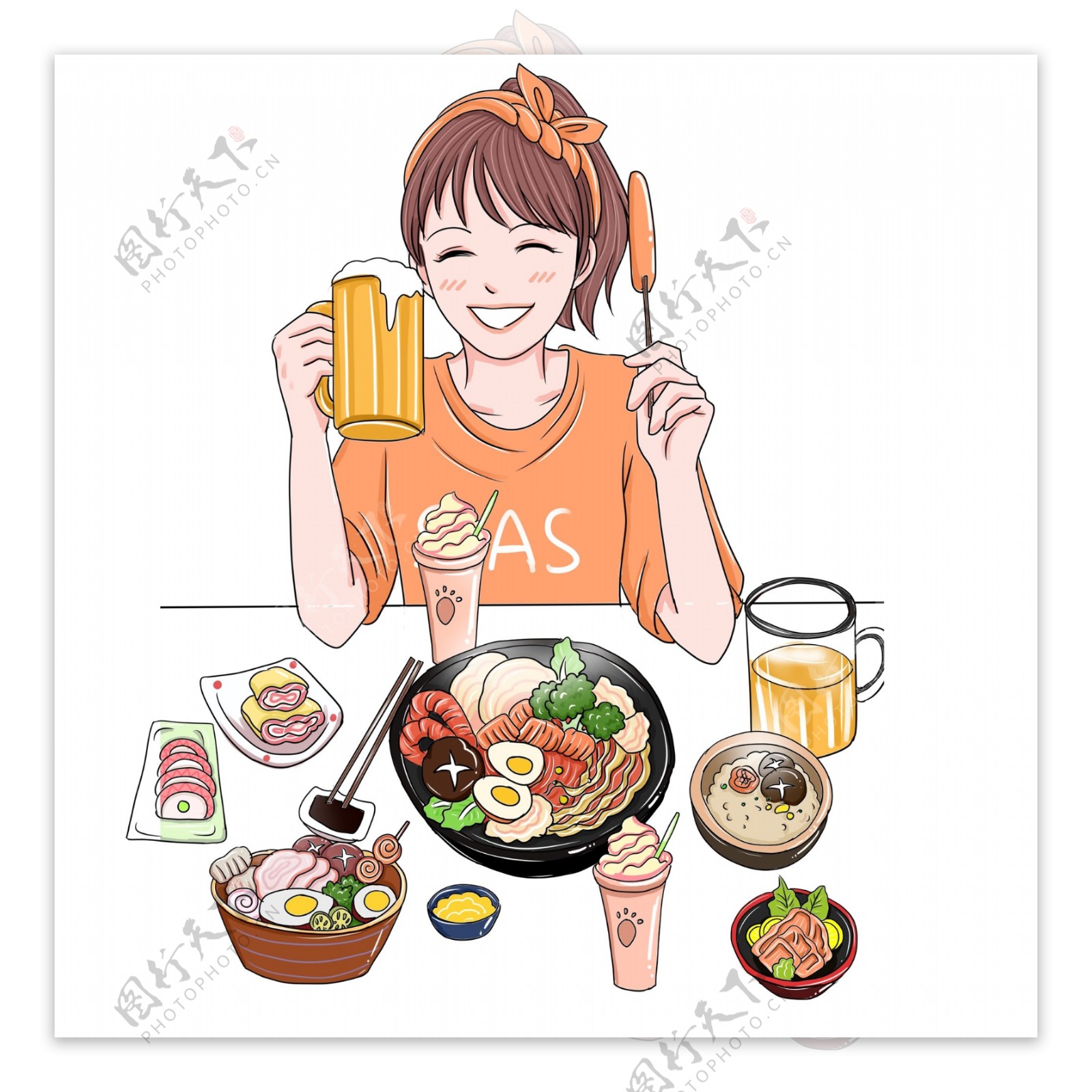 韩国风享受美食大餐的女孩插画人物设计
