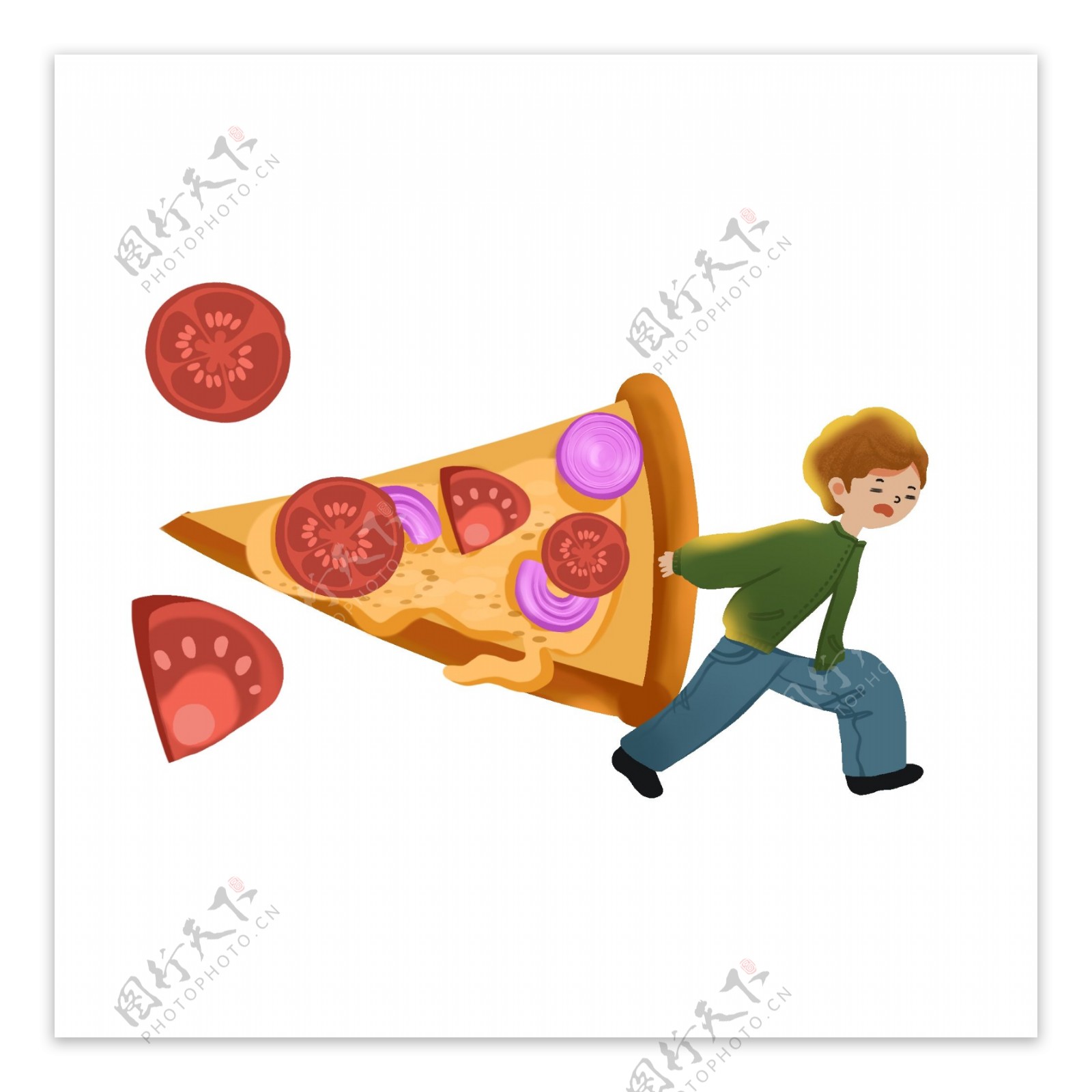 卡通创意拖着披萨的小男孩