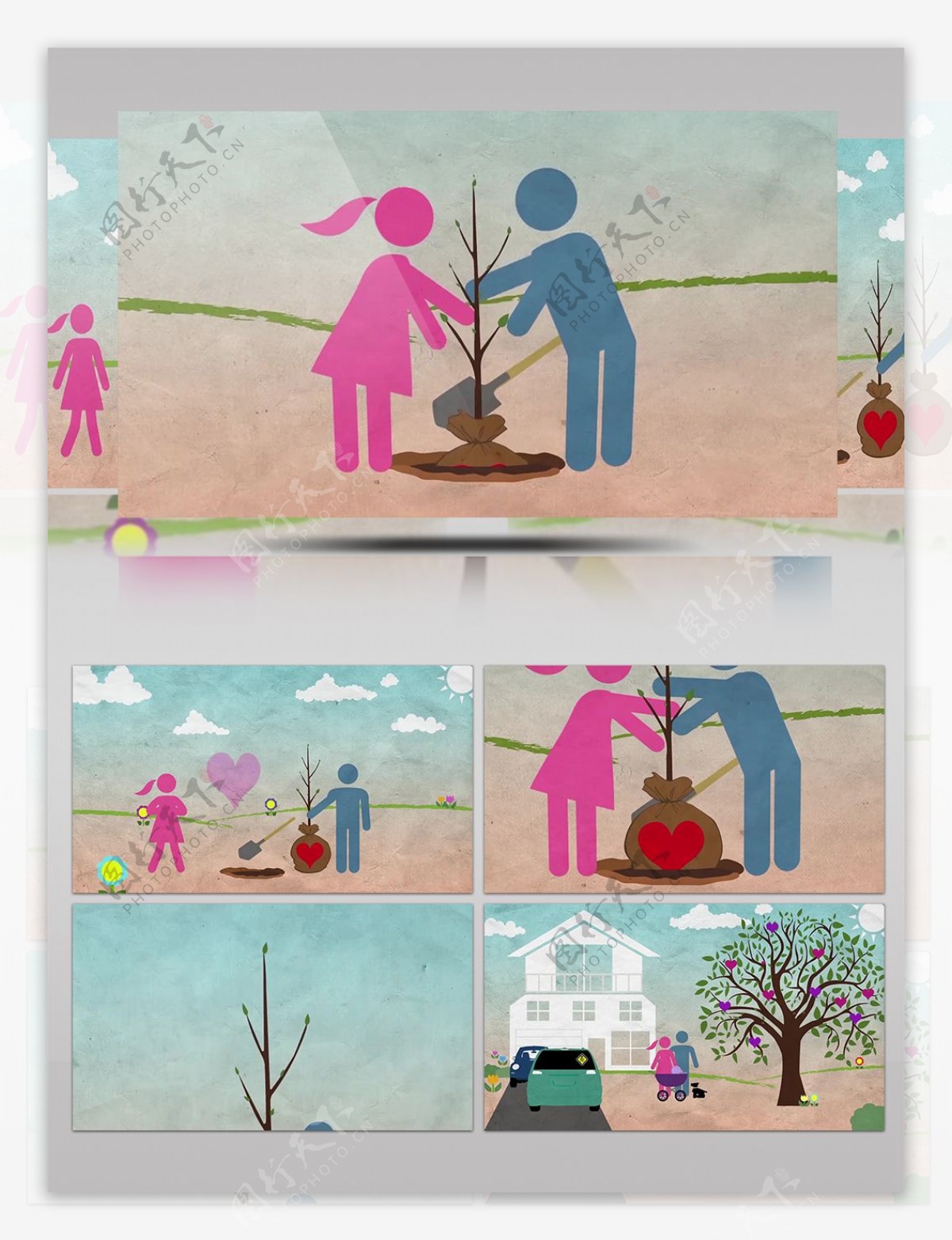 卡通插画情侣植树节种植爱心树木