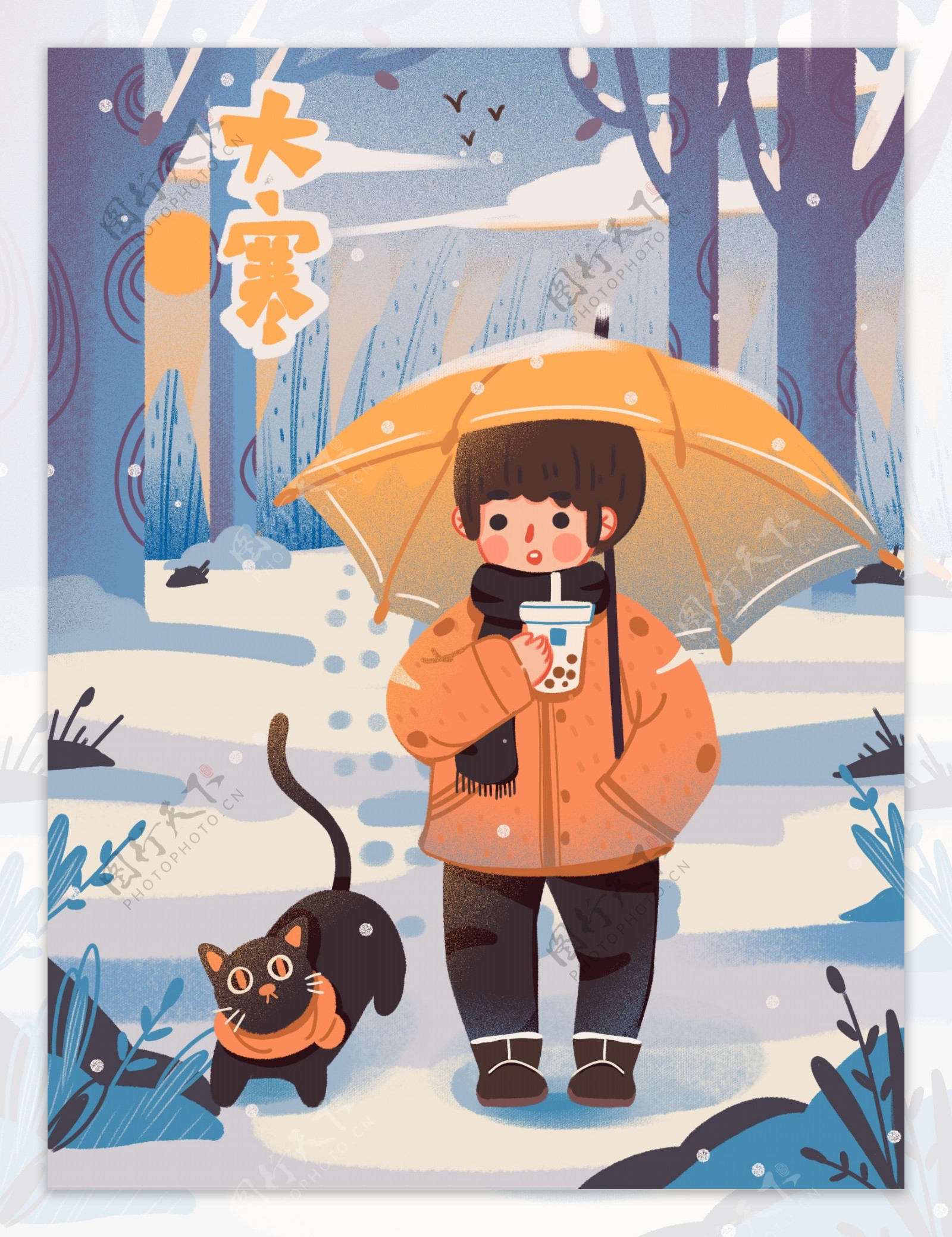 治愈节气大寒在雪地里喝着热饮和猫猫散步