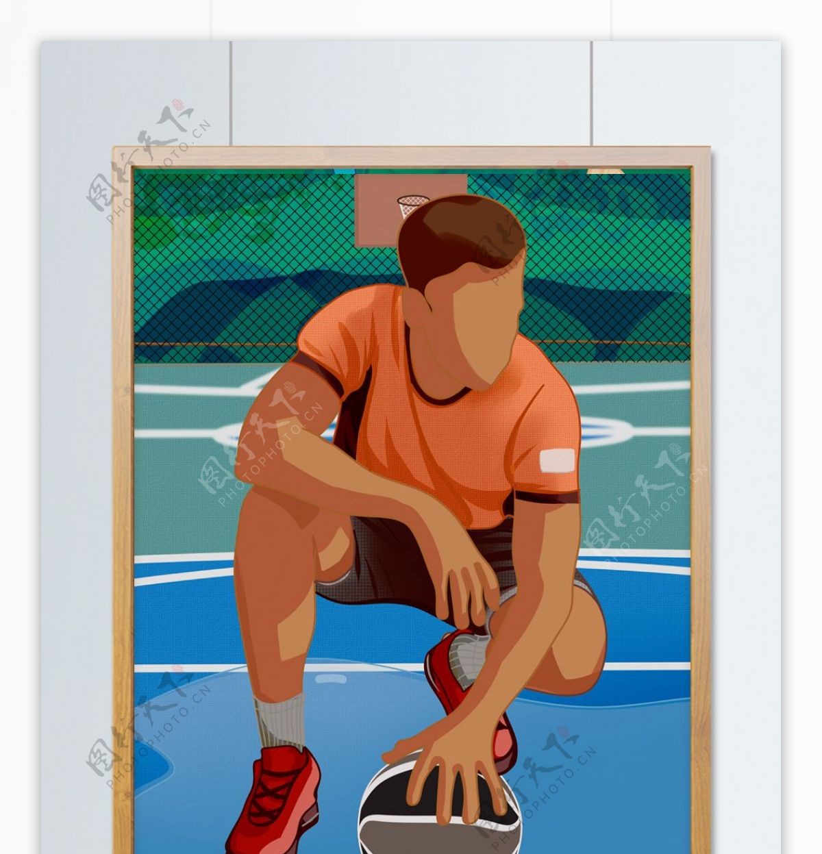 肌理插画国际篮球日球场运动员那篮球休息