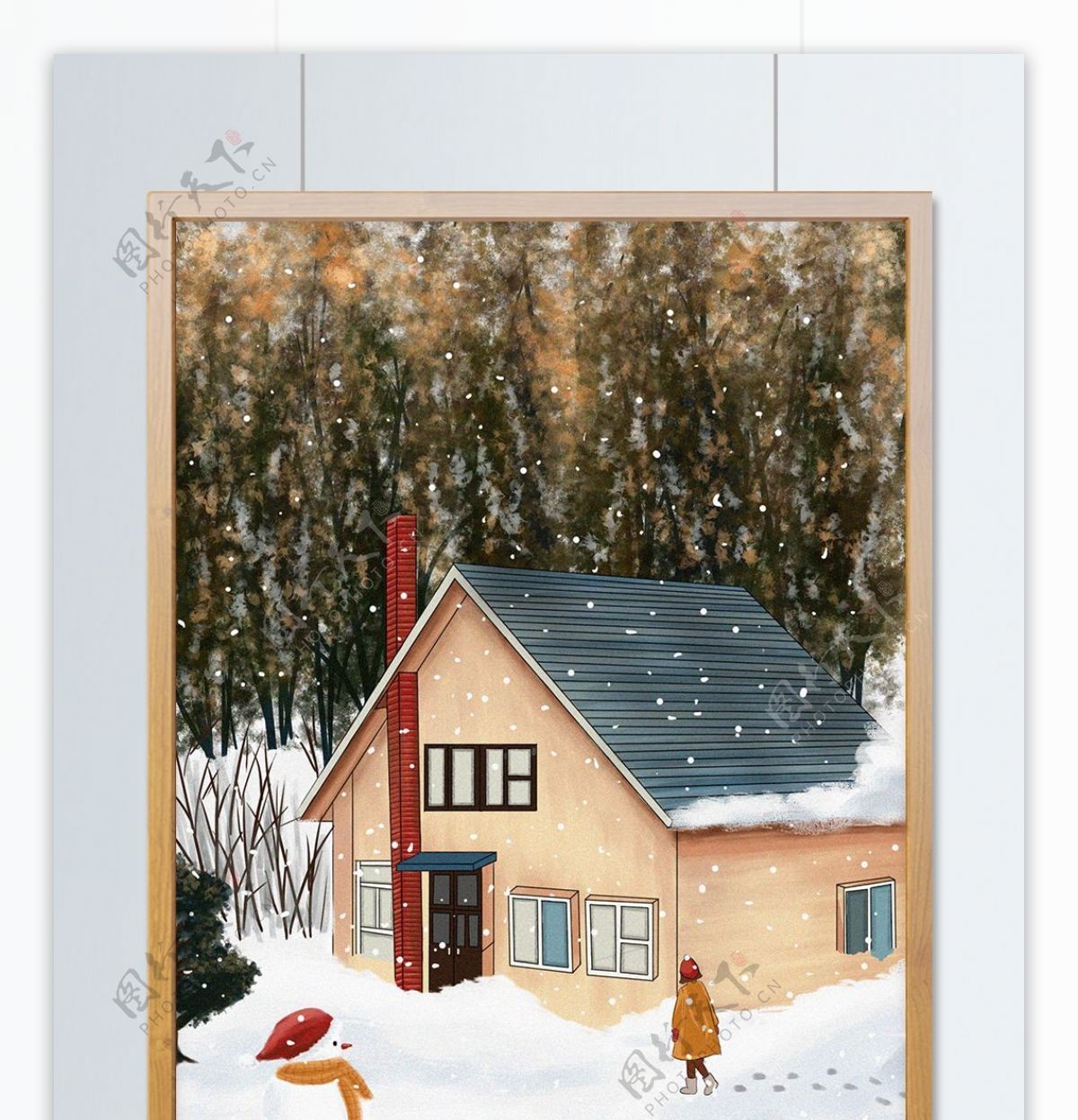 冬日雪景之雪地里的小屋