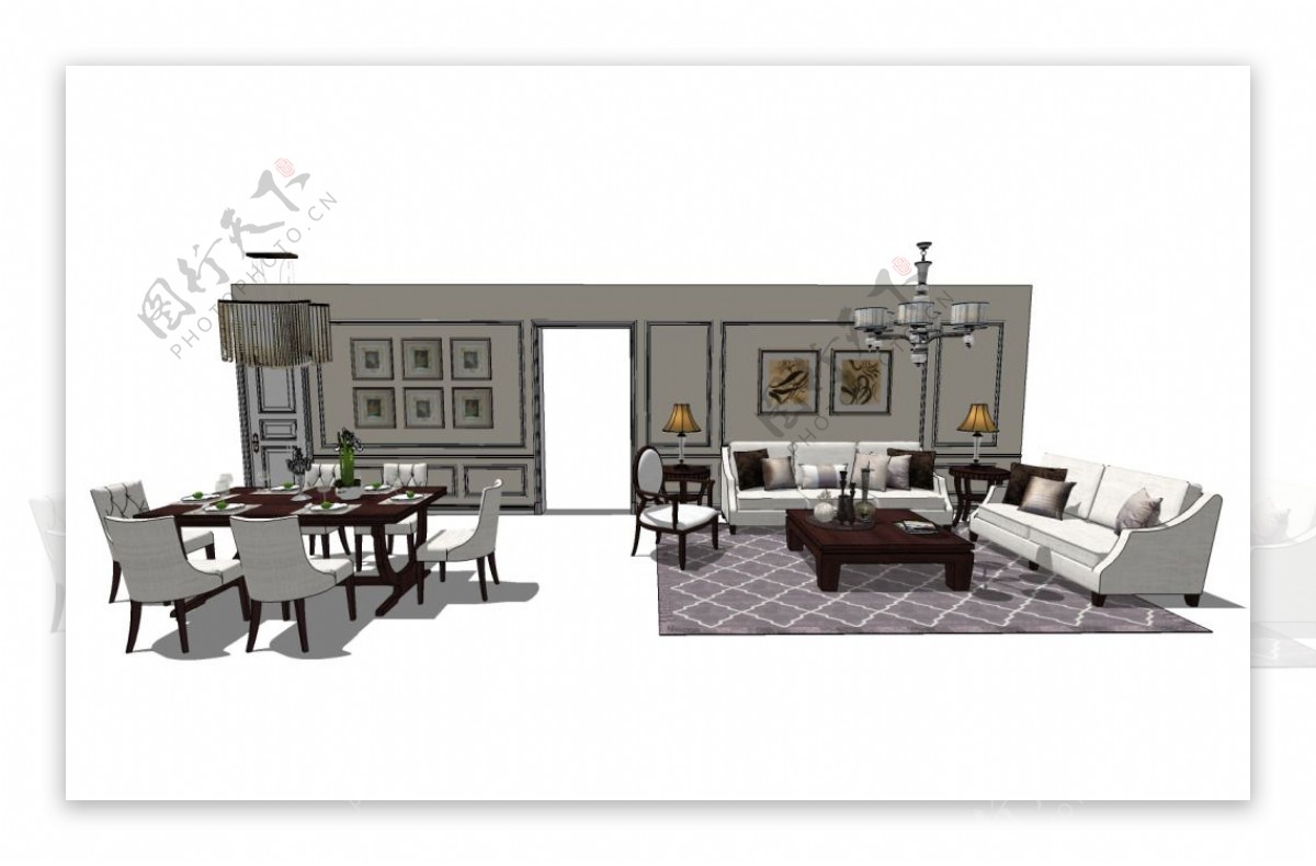 现代客厅餐厅复式su模型综合效果图