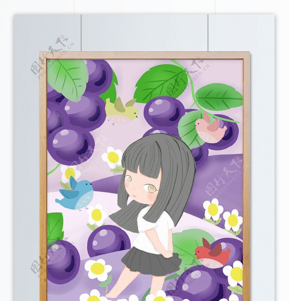 原创少女心水果插画在葡萄从中漫步女孩