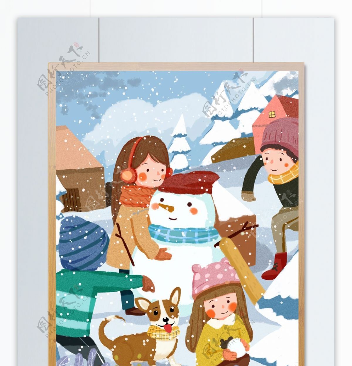 冬日孩子打雪仗堆雪人温暖可爱温馨儿童插画