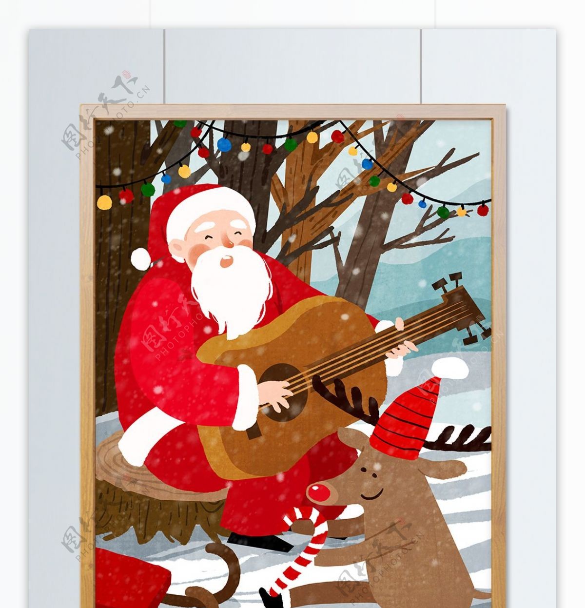圣诞老人雪地弹吉他原创手绘插画