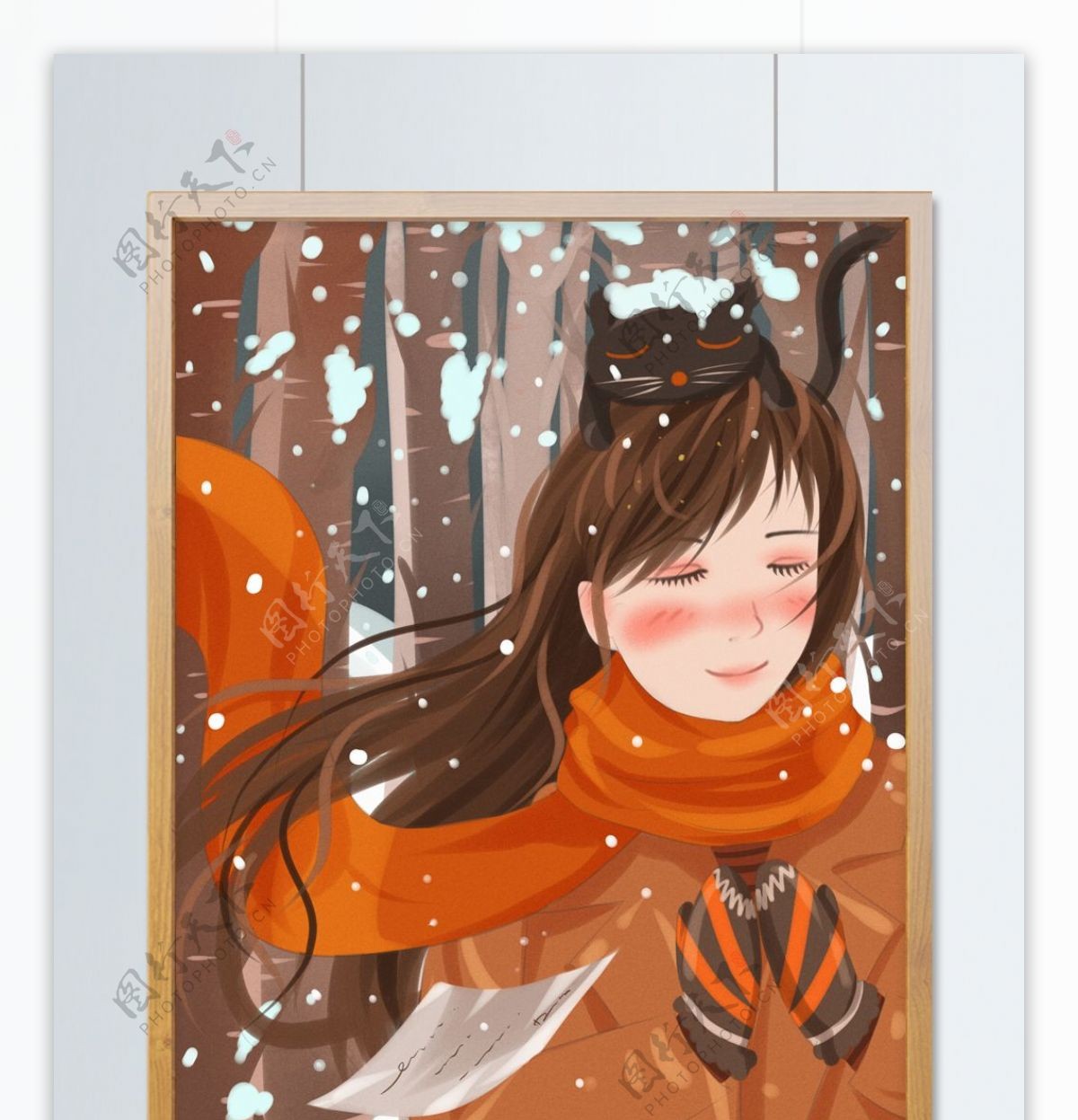 唯美冬季树林里的少女与猫和散落的信纸
