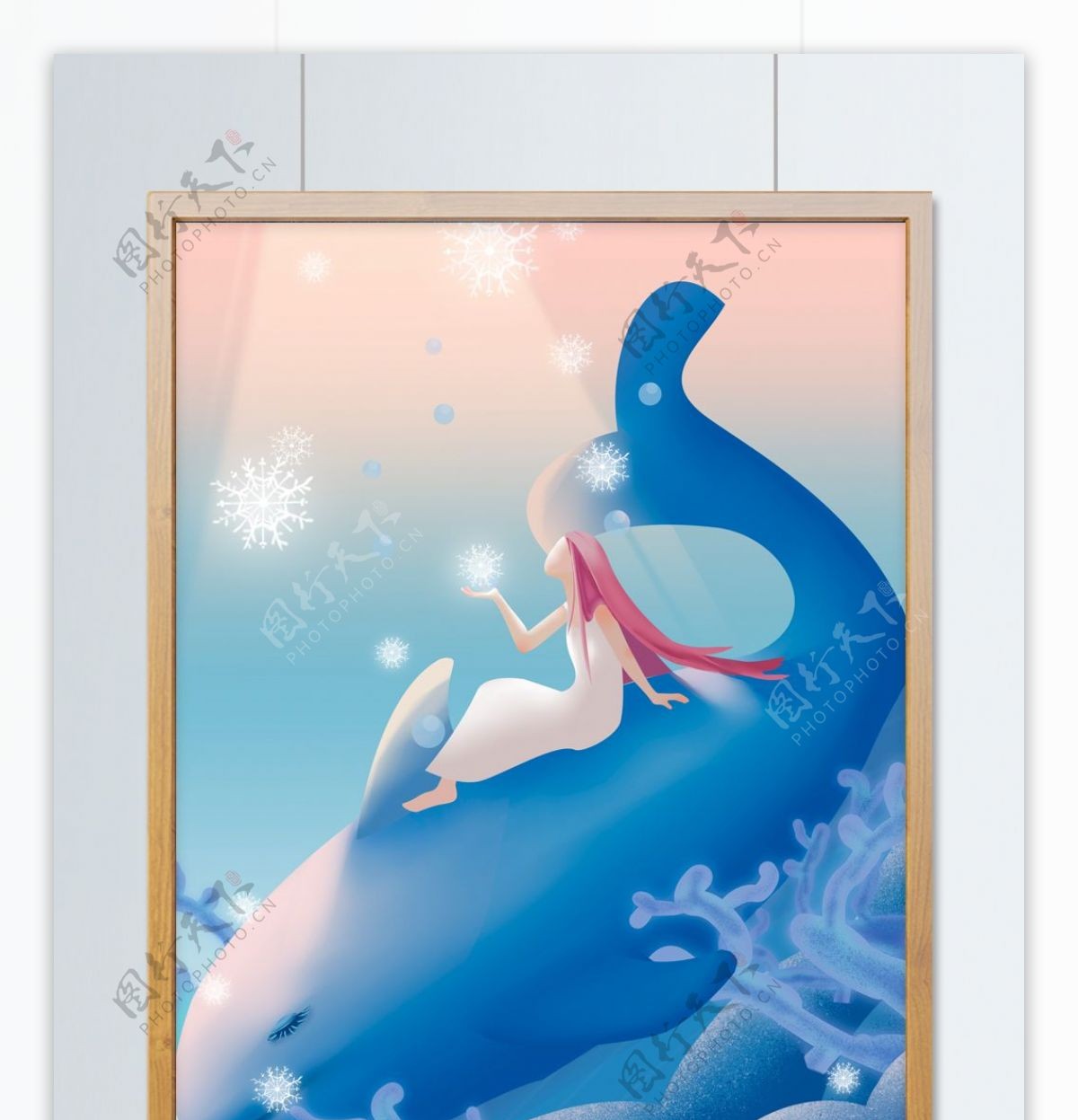清新唯美蓝粉海洋蓝鲸女孩看雪花飘落