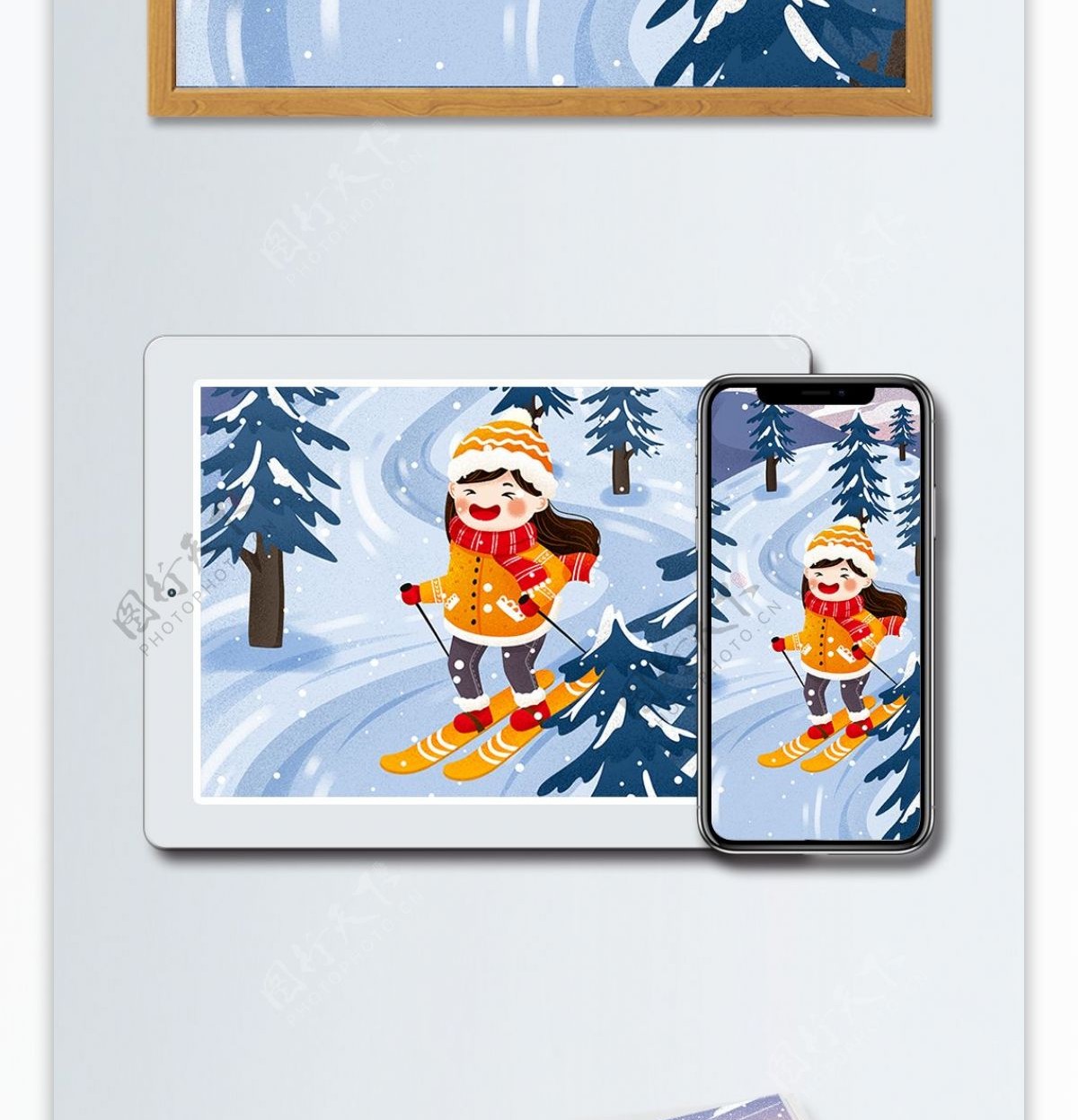 冬季滑雪女孩雪中滑雪冬天雪景插画