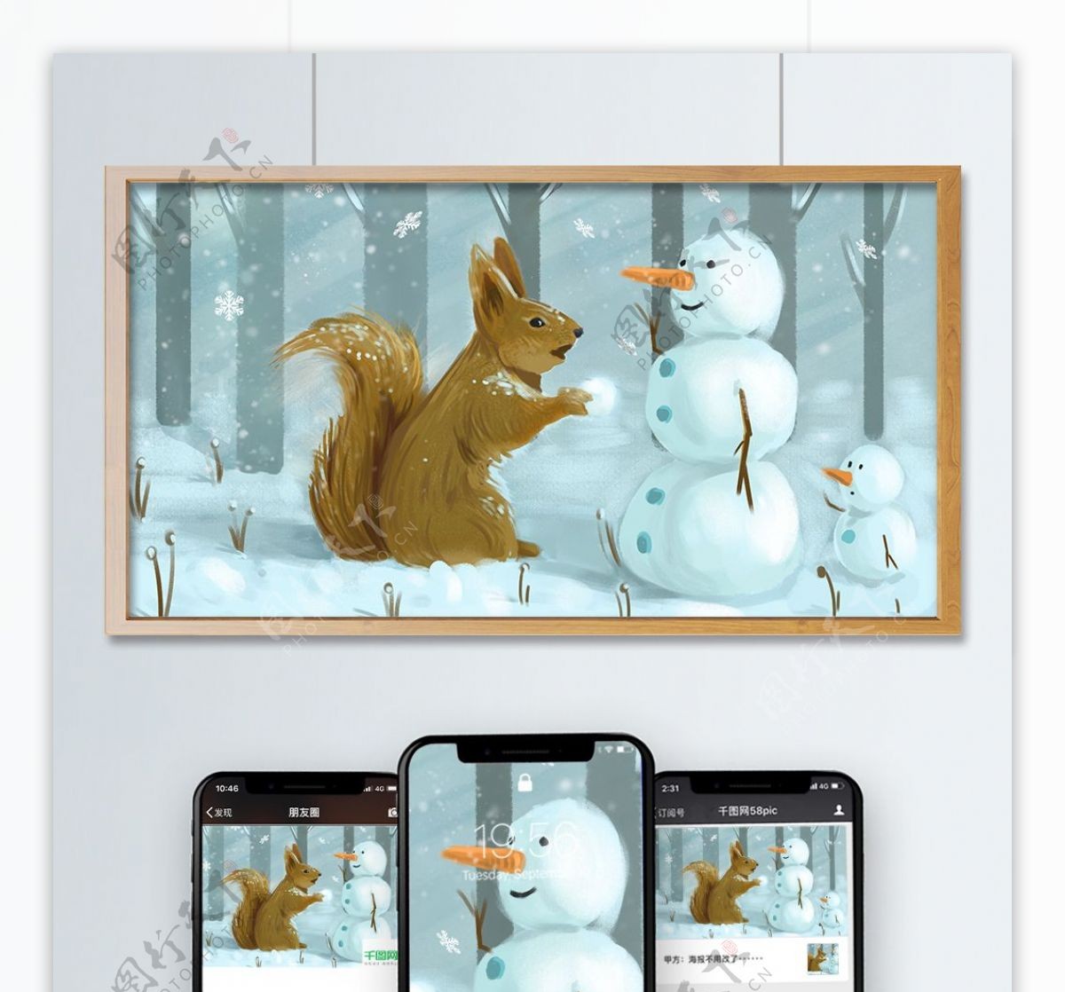 冬天私语在雪地里堆雪人的小松鼠治愈插画