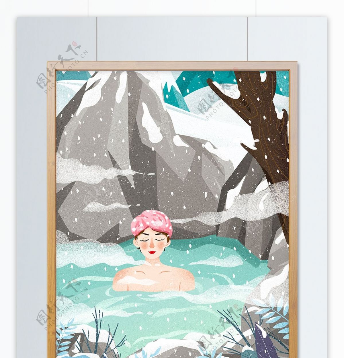 冬天女孩户外泡温泉冬季下雪雪景插画