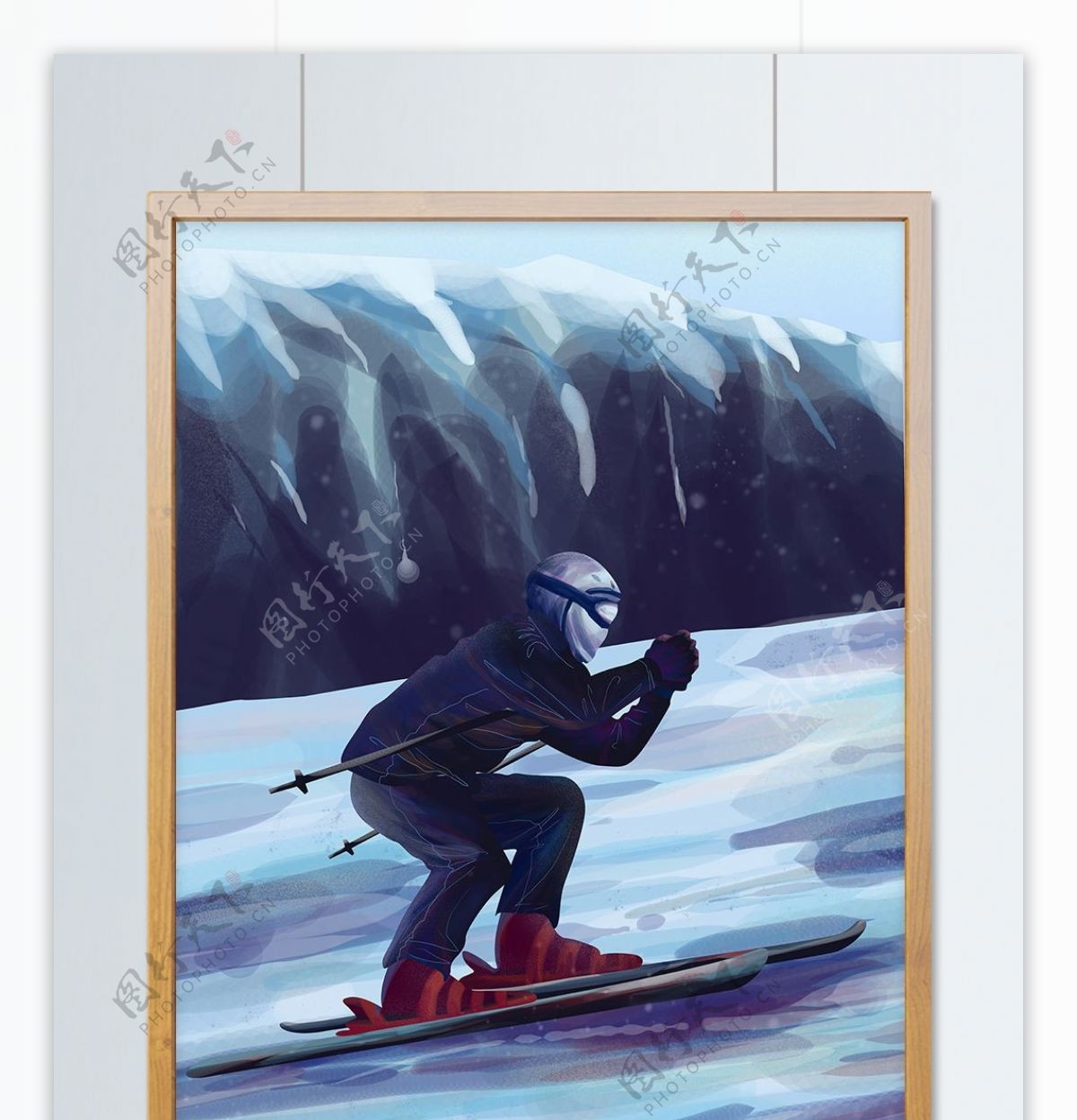 冬日雪天人物滑雪场景商业插画