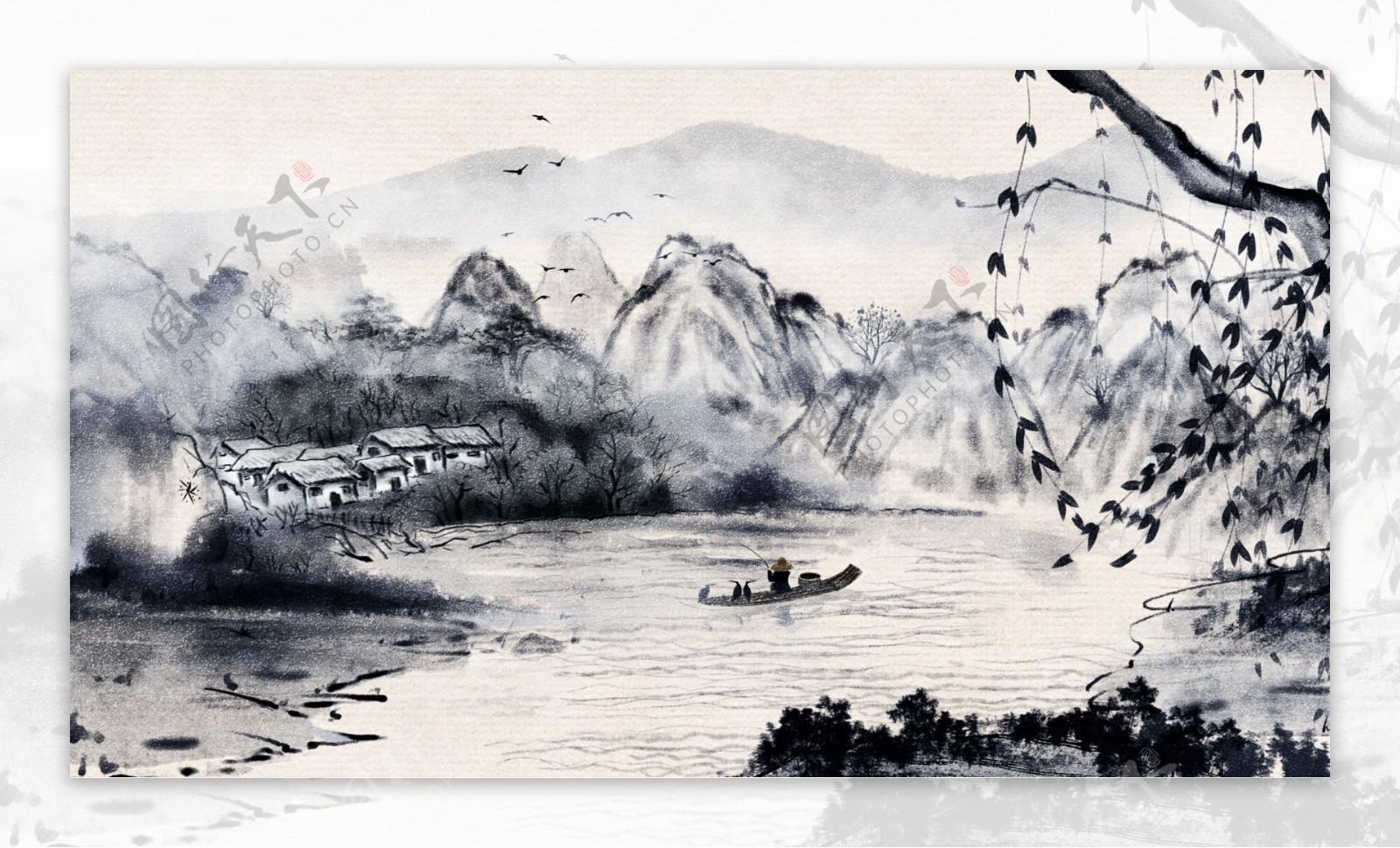 唯美古典中国风水彩画水墨画插画