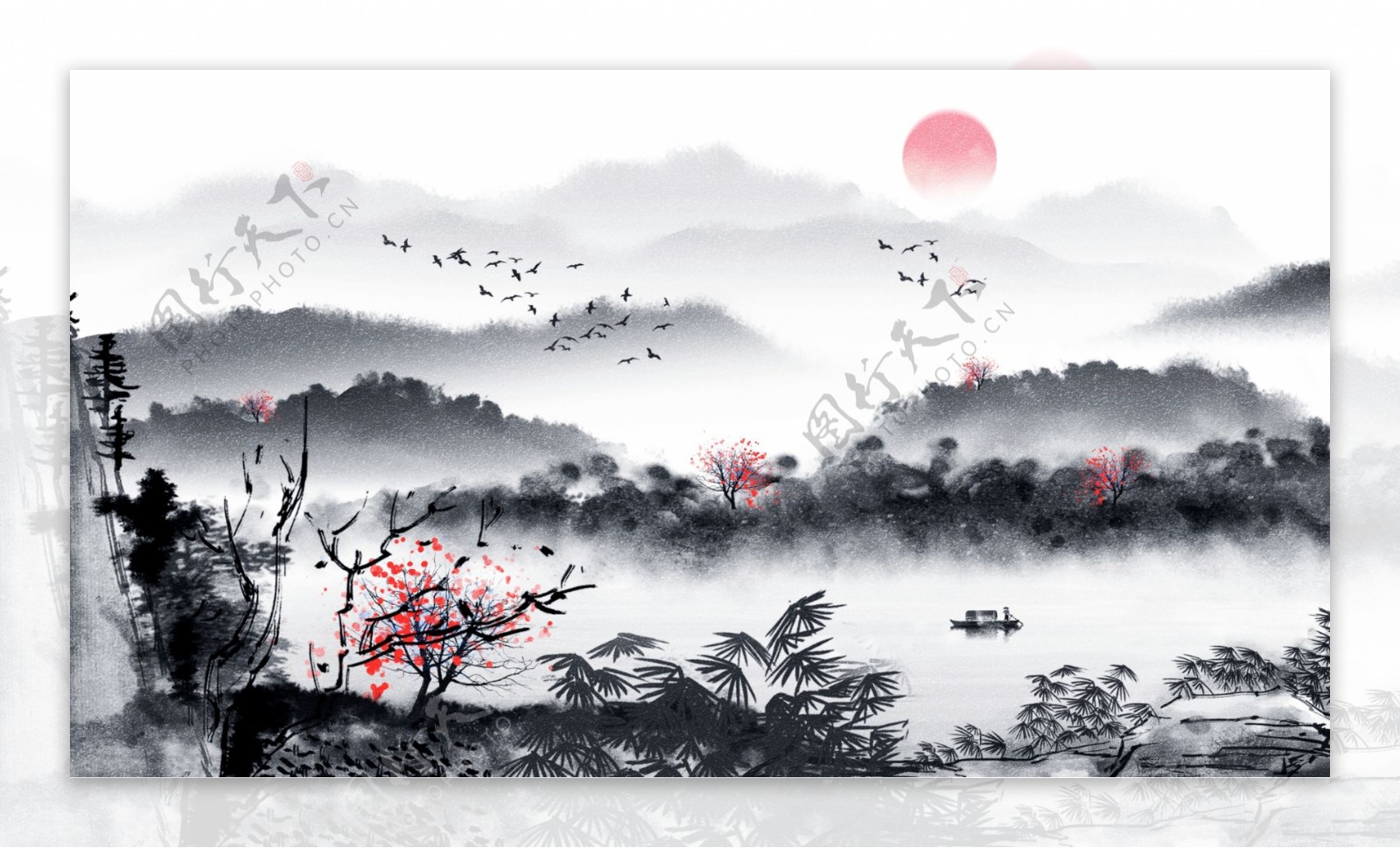 古风中国水墨画风景画唯美中国水墨插画