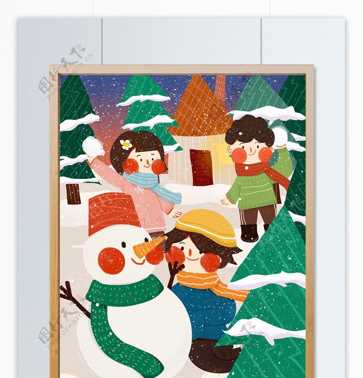 堆雪人打雪仗可爱简约扁平原创插画