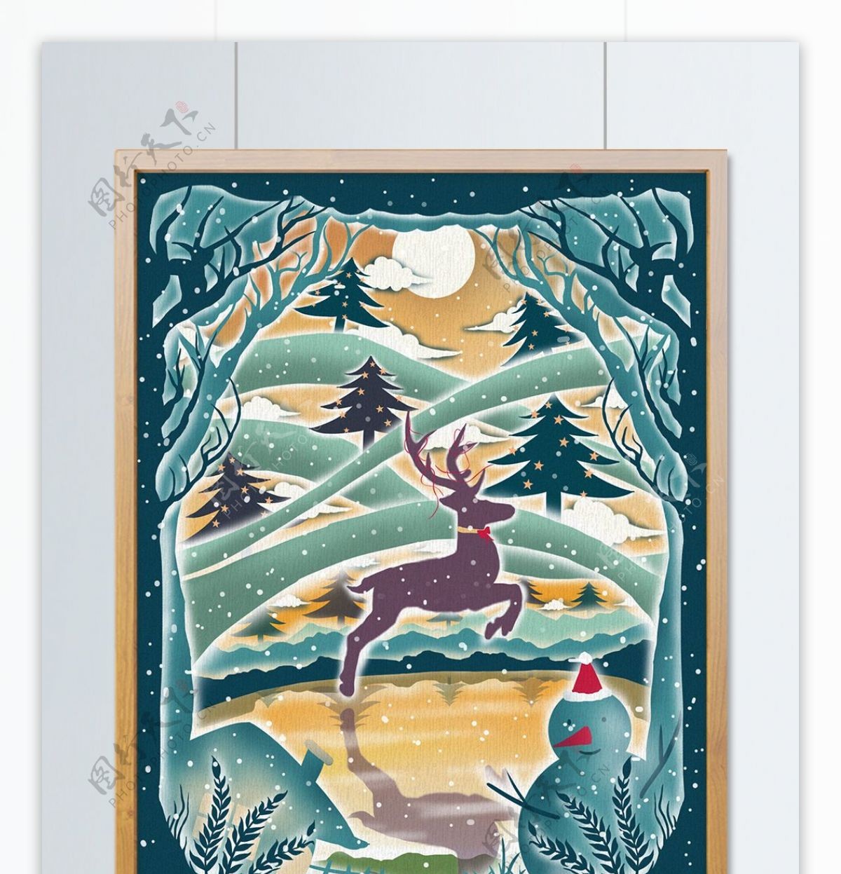 圣诞节之森林中跳跃的小鹿剪纸治愈风插画