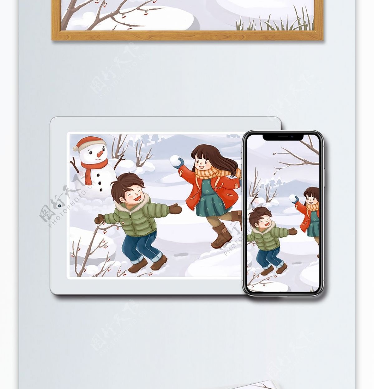 冬天插画冬季打雪仗堆雪人写实插画