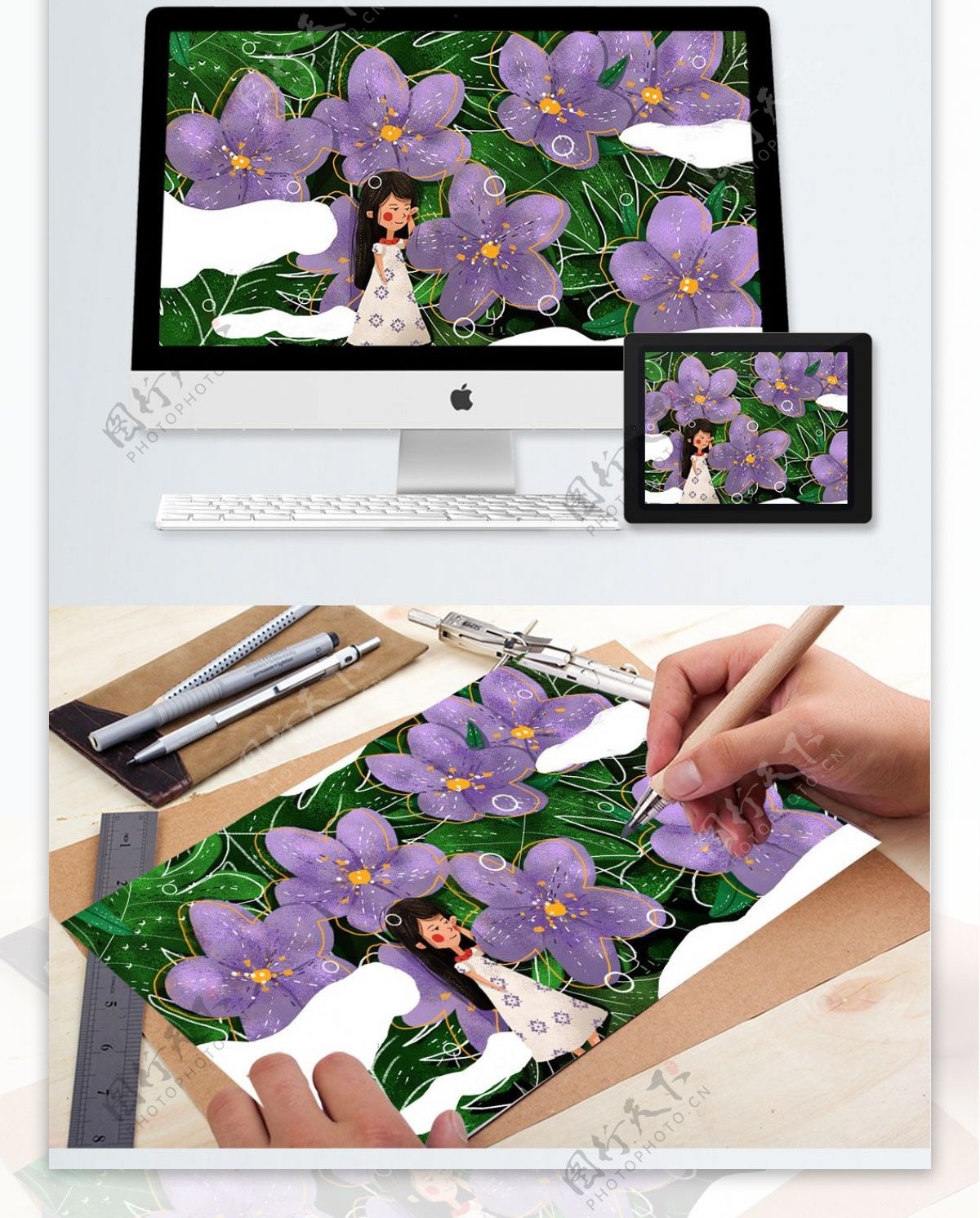 花卉可爱女孩浪漫小清新壁纸桌面插画素材