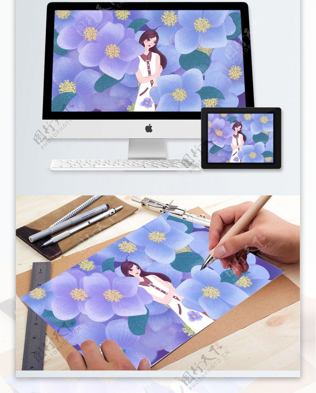 11月你好系列紫色花卉小清新插画
