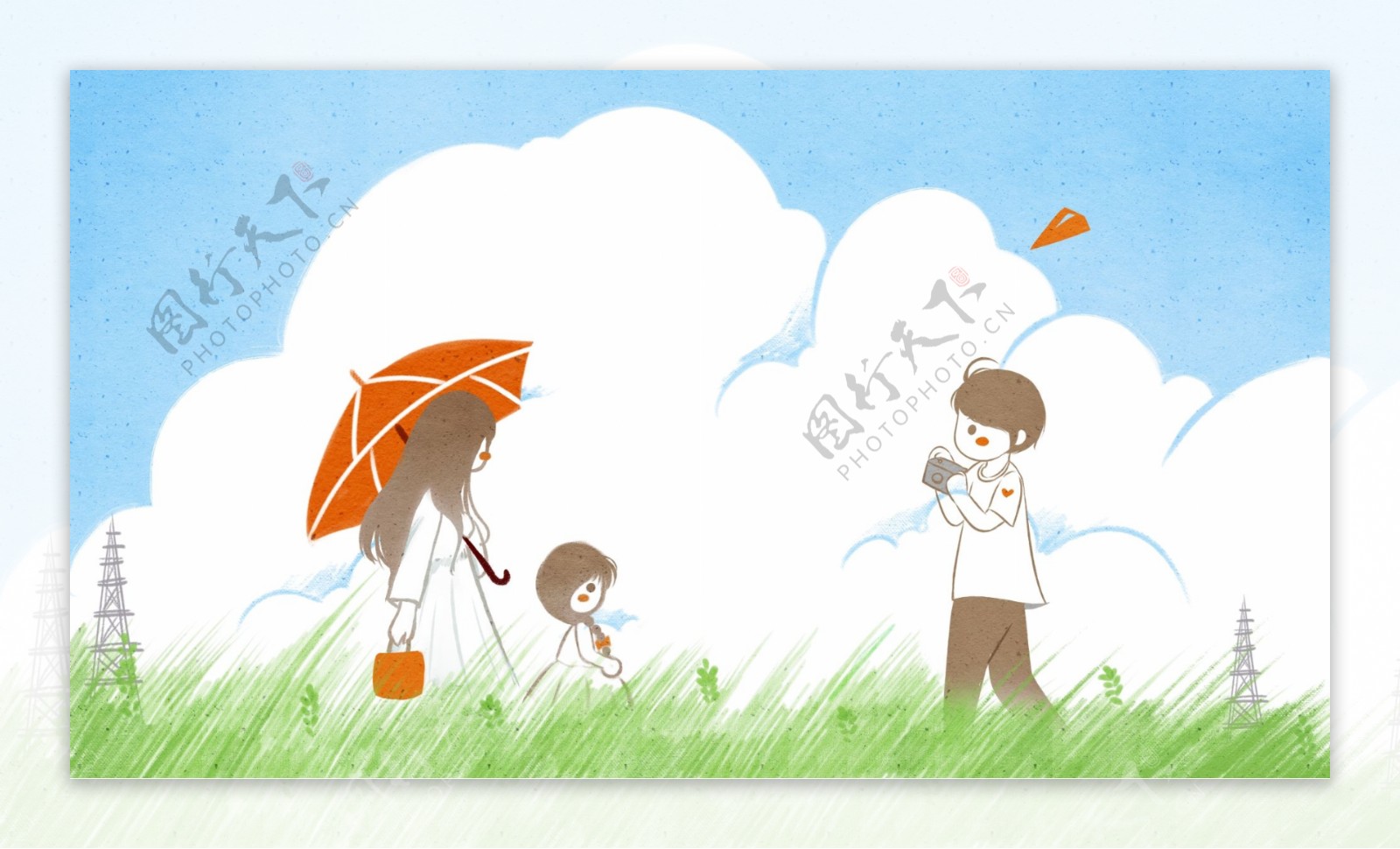 小清新卡通可爱撑着伞温馨一家人旅游