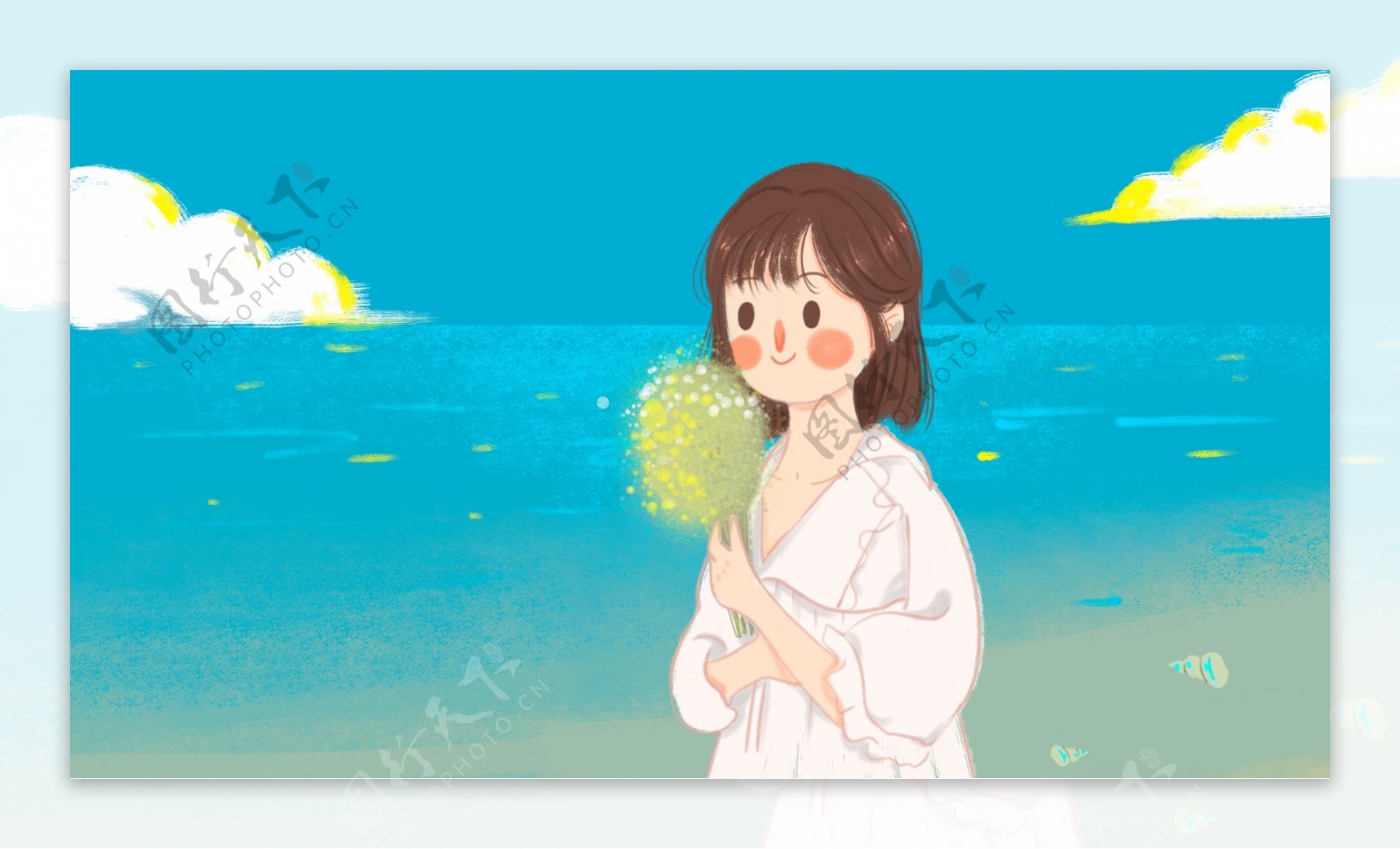 夏天海边女孩旅游插画