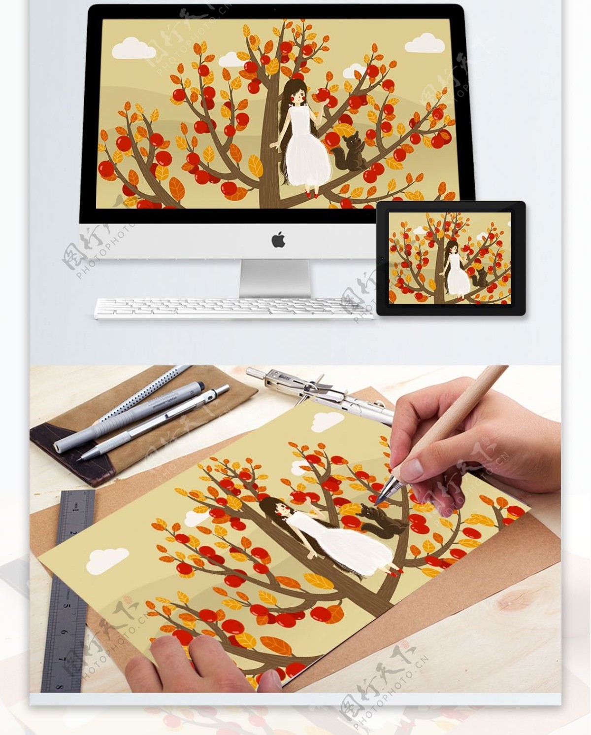 秋天你好秋季秋分苹果树女孩与松鼠原创插画
