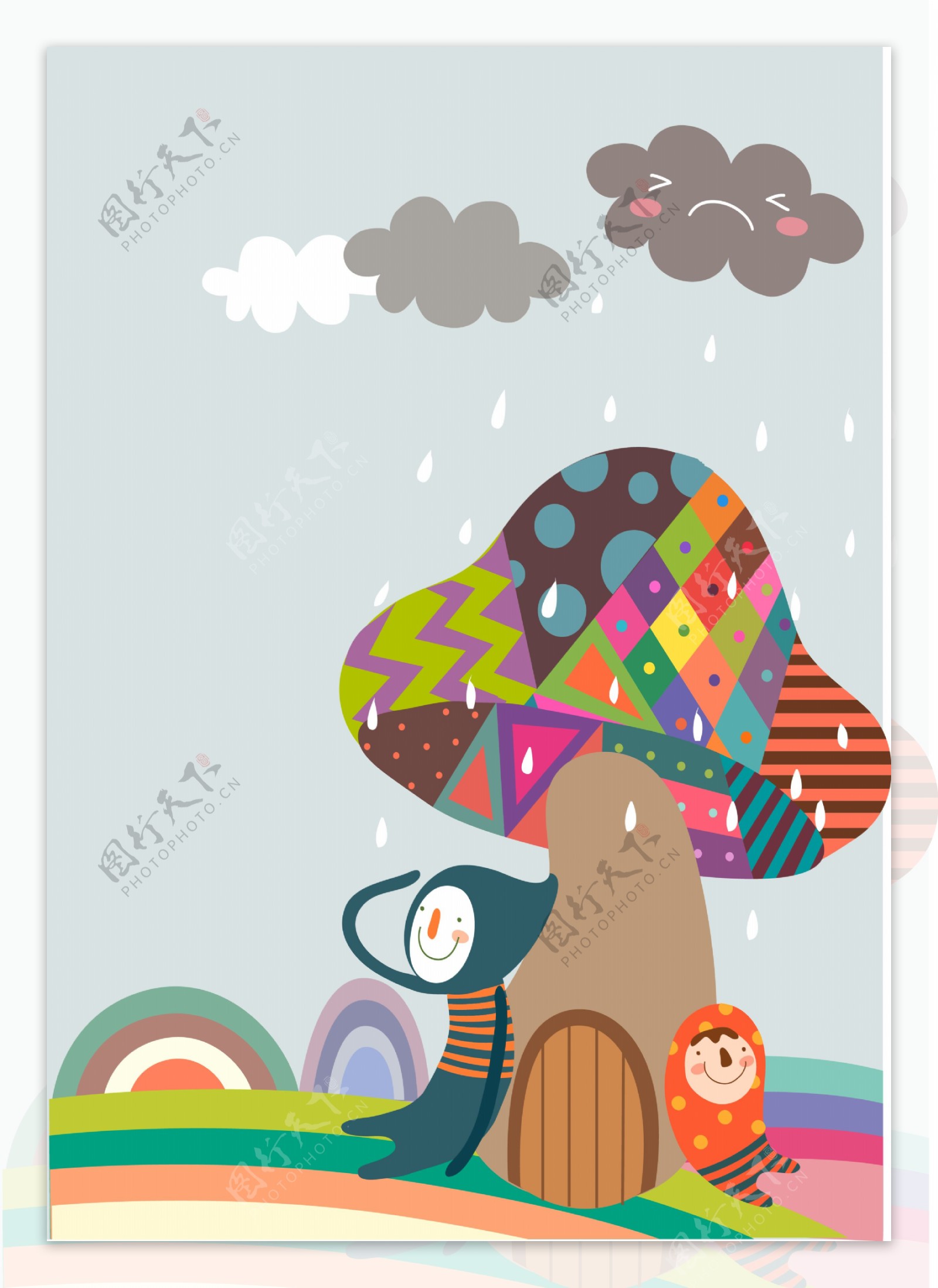 卡通下雨蘑菇屋背景