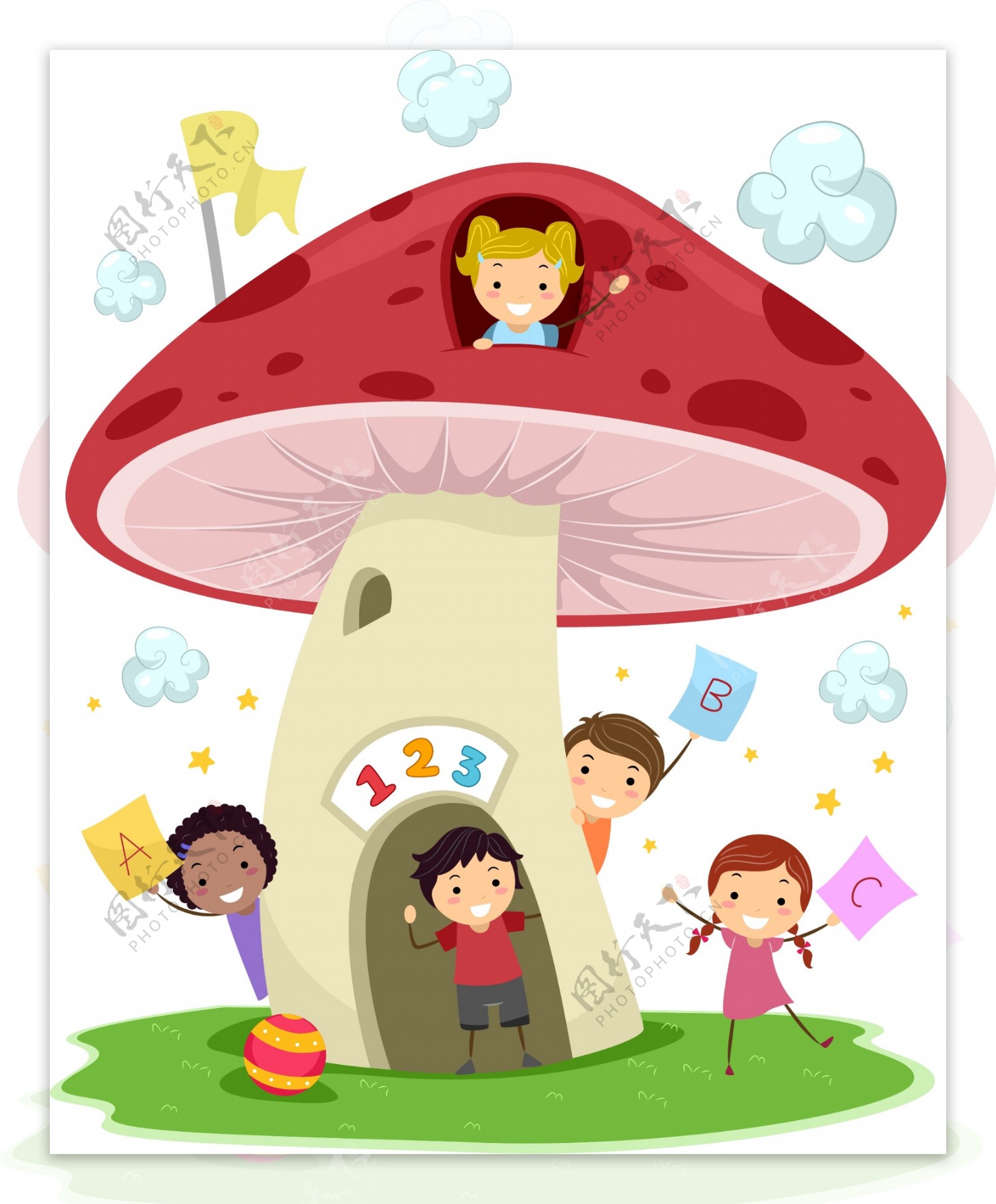 卡通动物与儿童蘑菇房子矢量素材