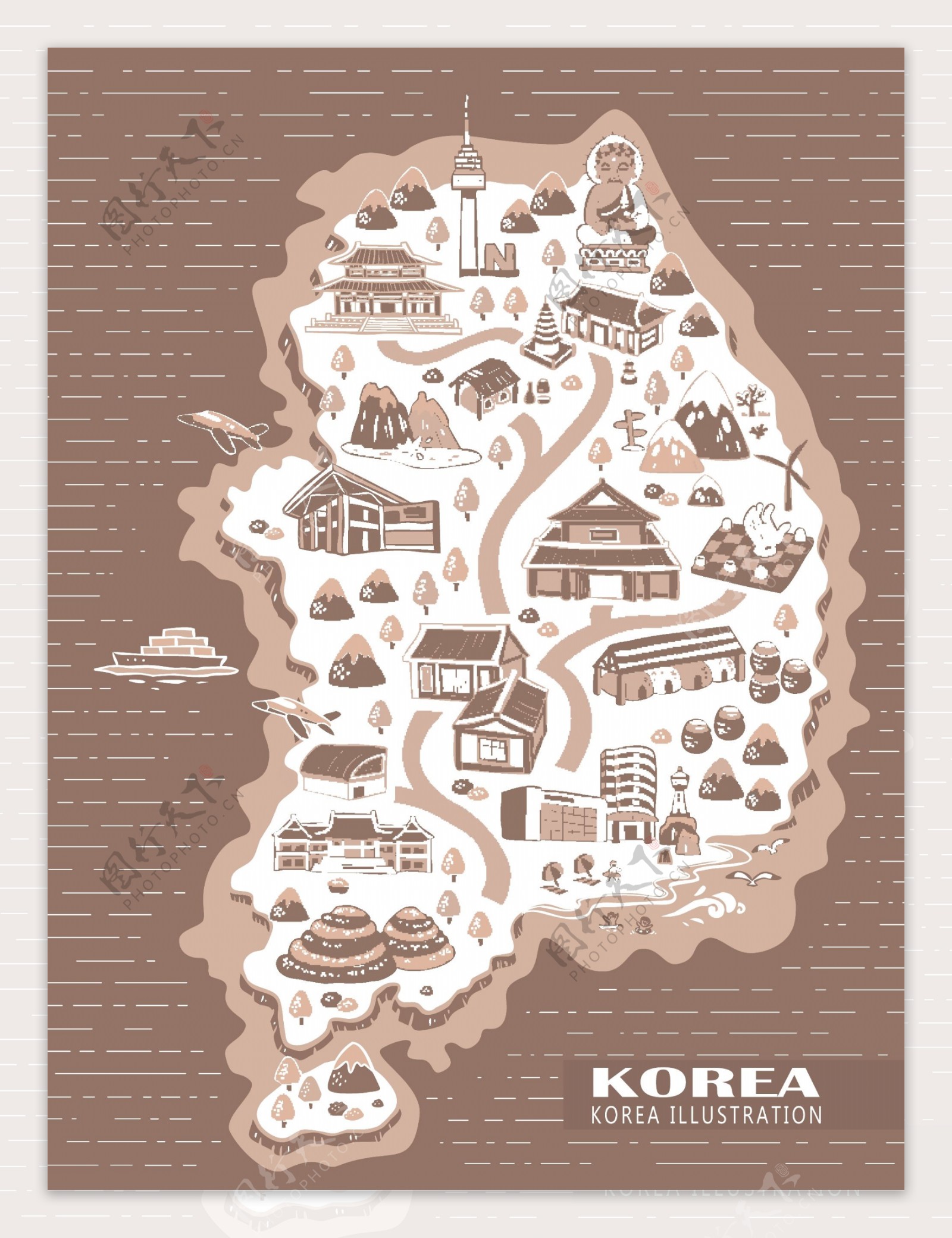 复古韩国地标地图矢量素材