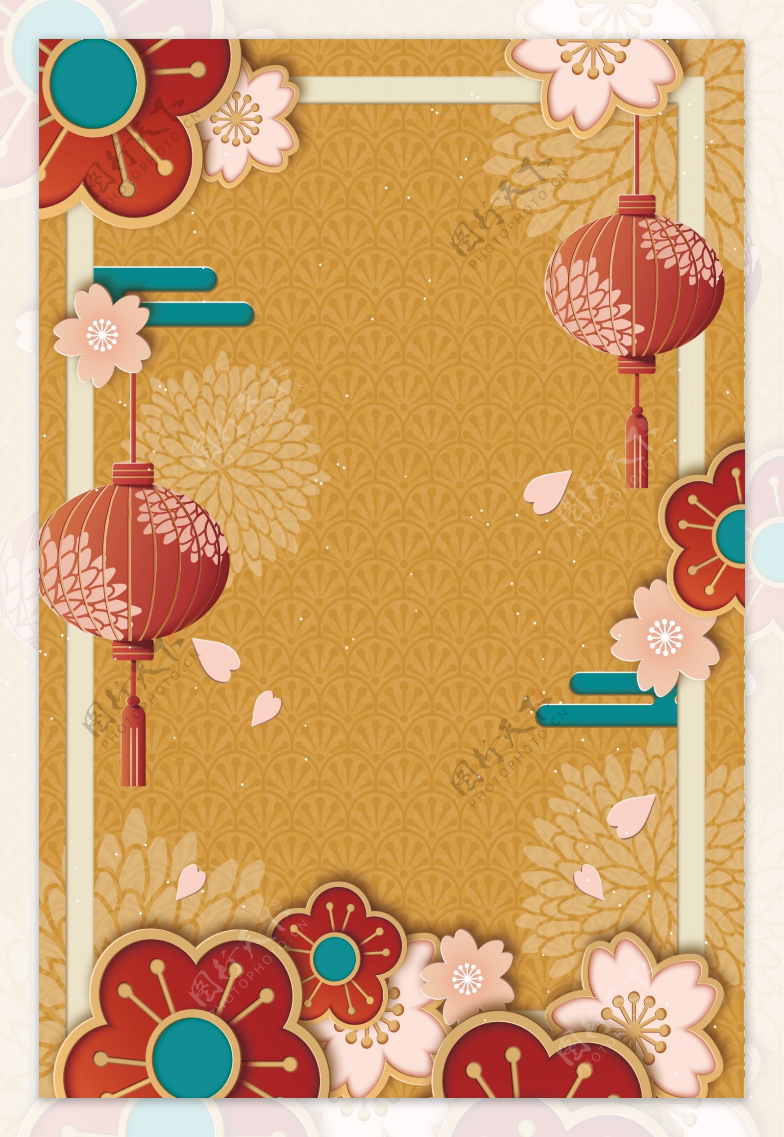金色灯笼花朵传统新年背景设计