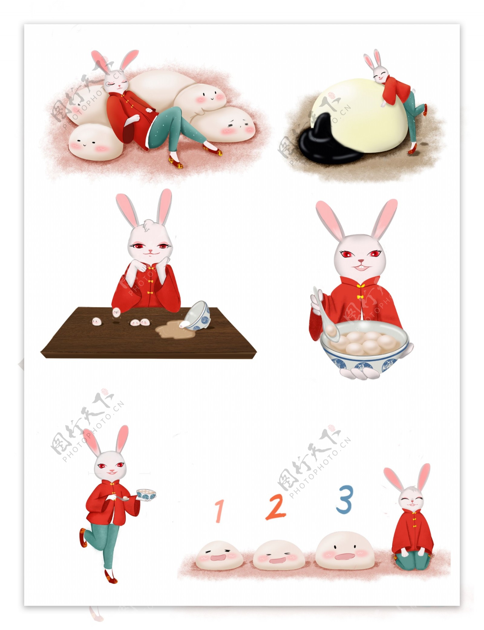 手绘可爱卡通兔子与汤圆