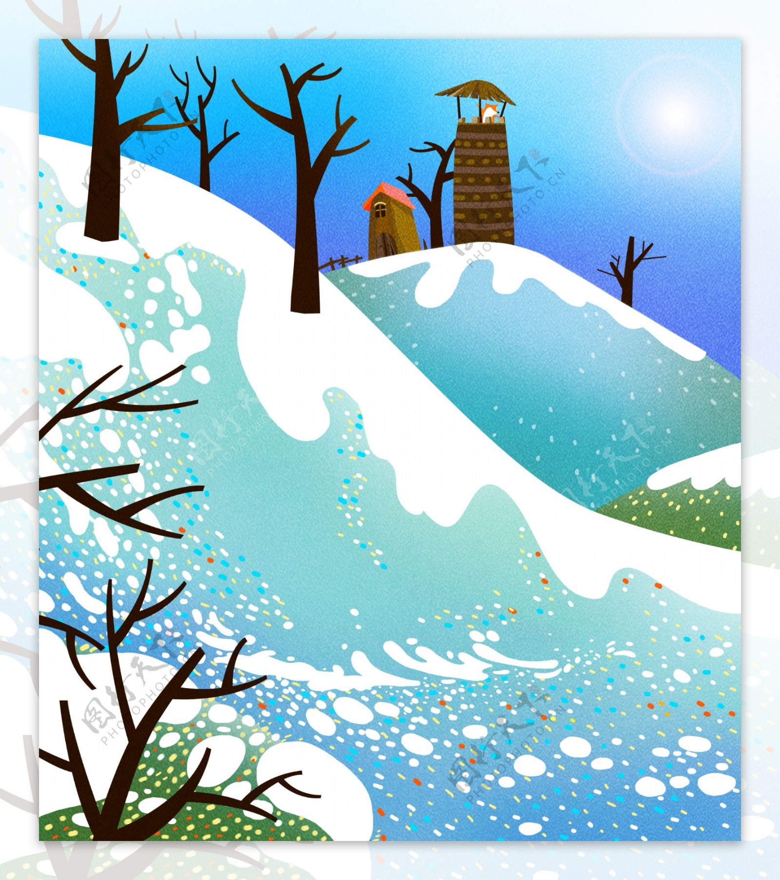 彩绘冬季滑雪背景设计