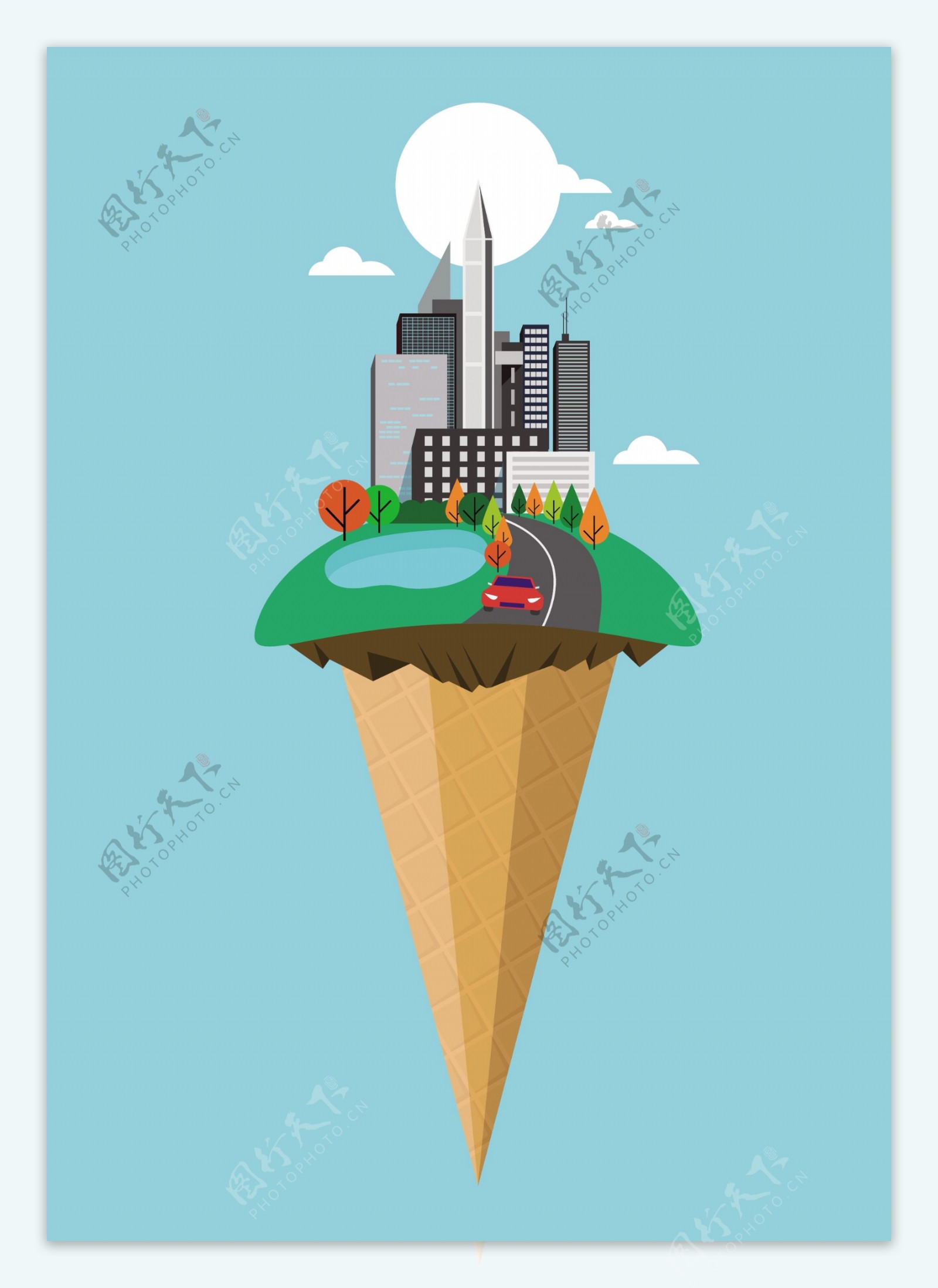 原创矢量插画城市晴天冰淇淋
