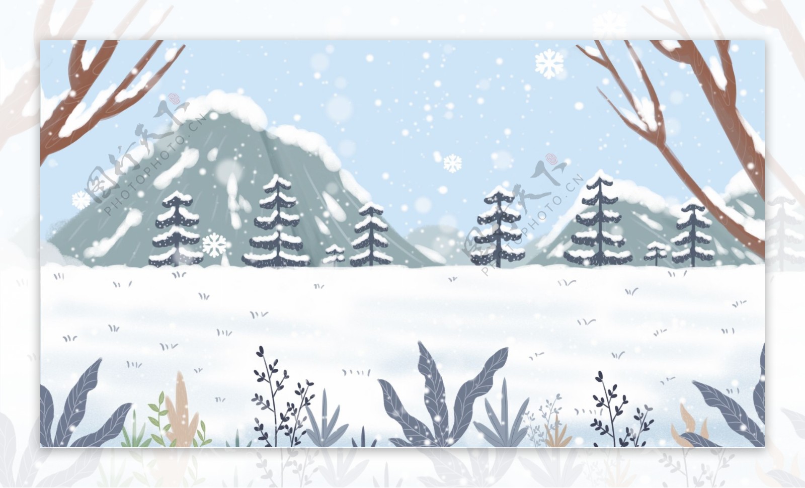 手绘冬日大雪雪景背景素材