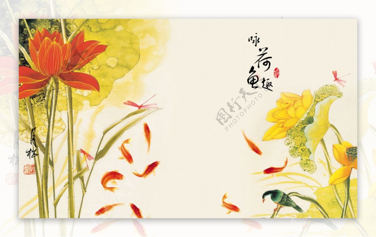 中国风传统荷花鲤鱼画