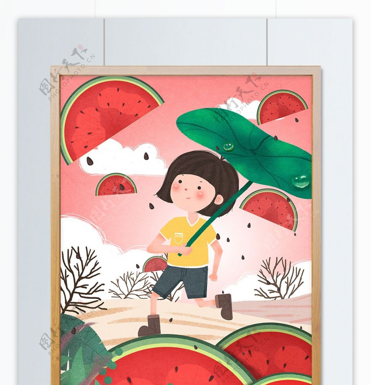 创意水果插画西瓜小女孩打着伞奔跑