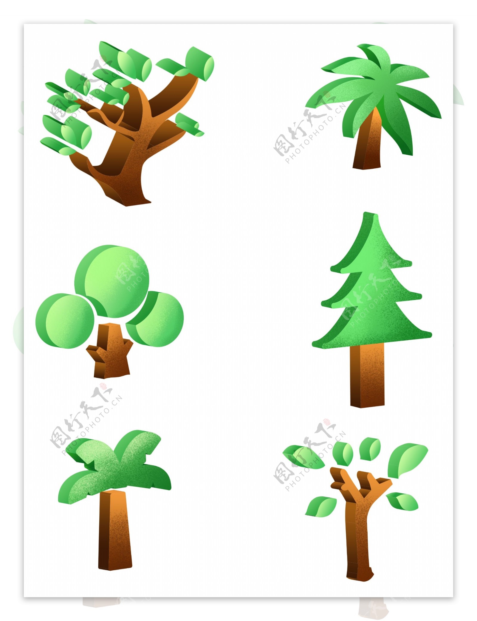 2.5D绿色渐变植物树木元素合集