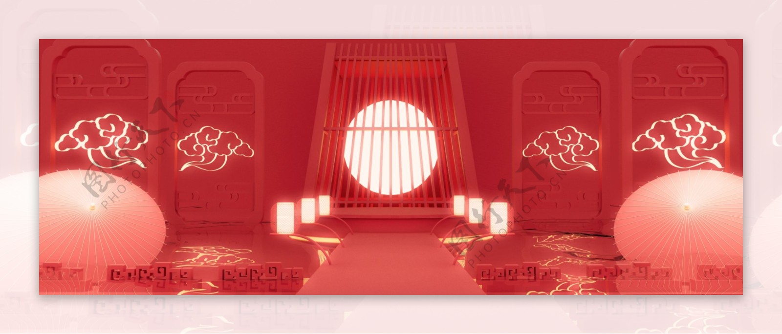 全原创红色新年水面电商风格猜灯谜舞台背景