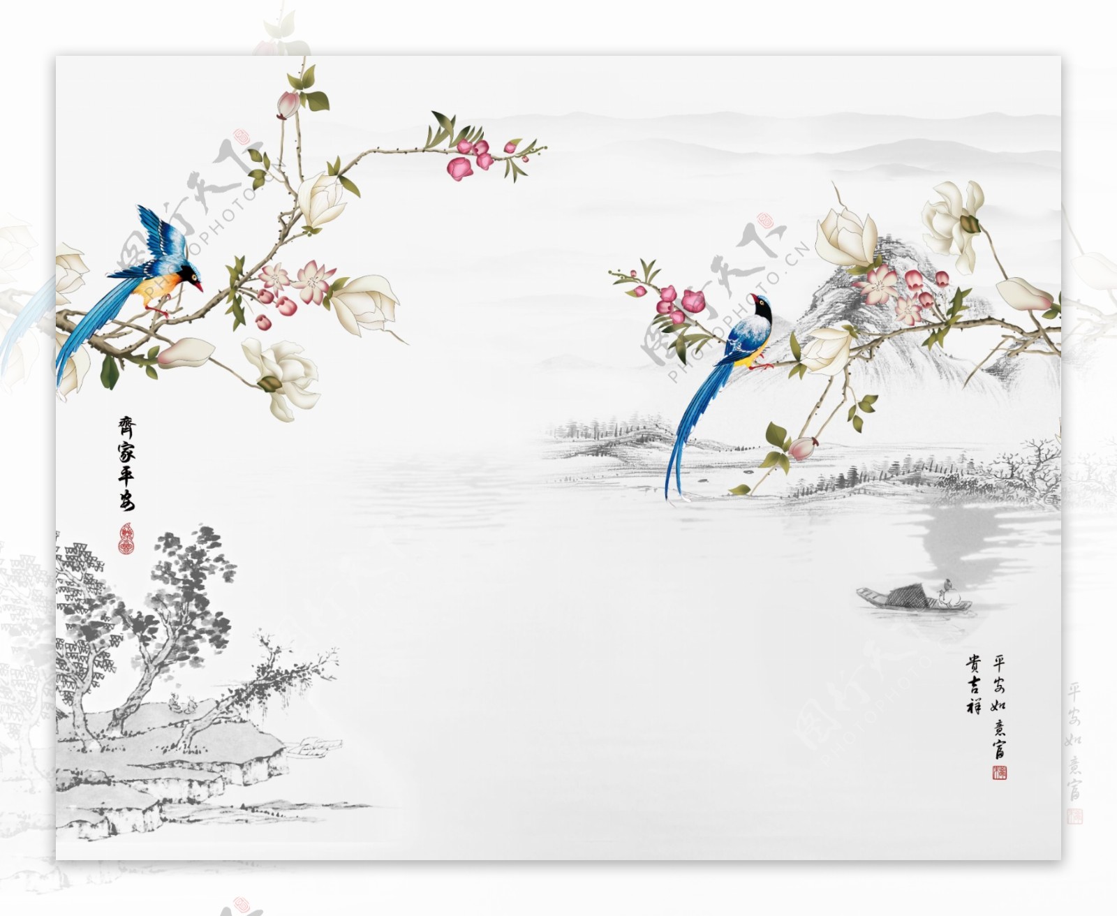 中式传统玄关花鸟植物背景墙画