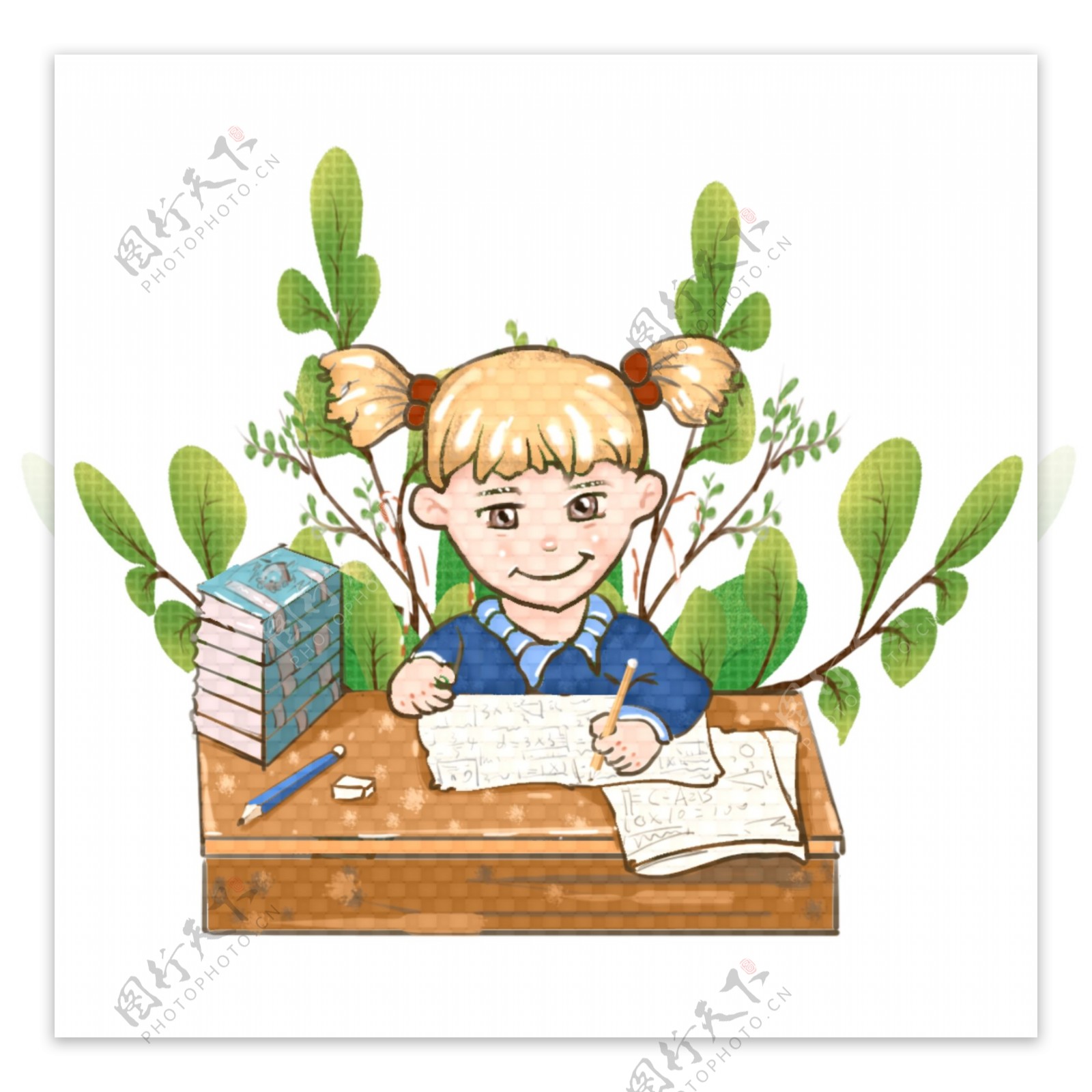 手绘小女孩做题考试树叶桌子书本免扣素材