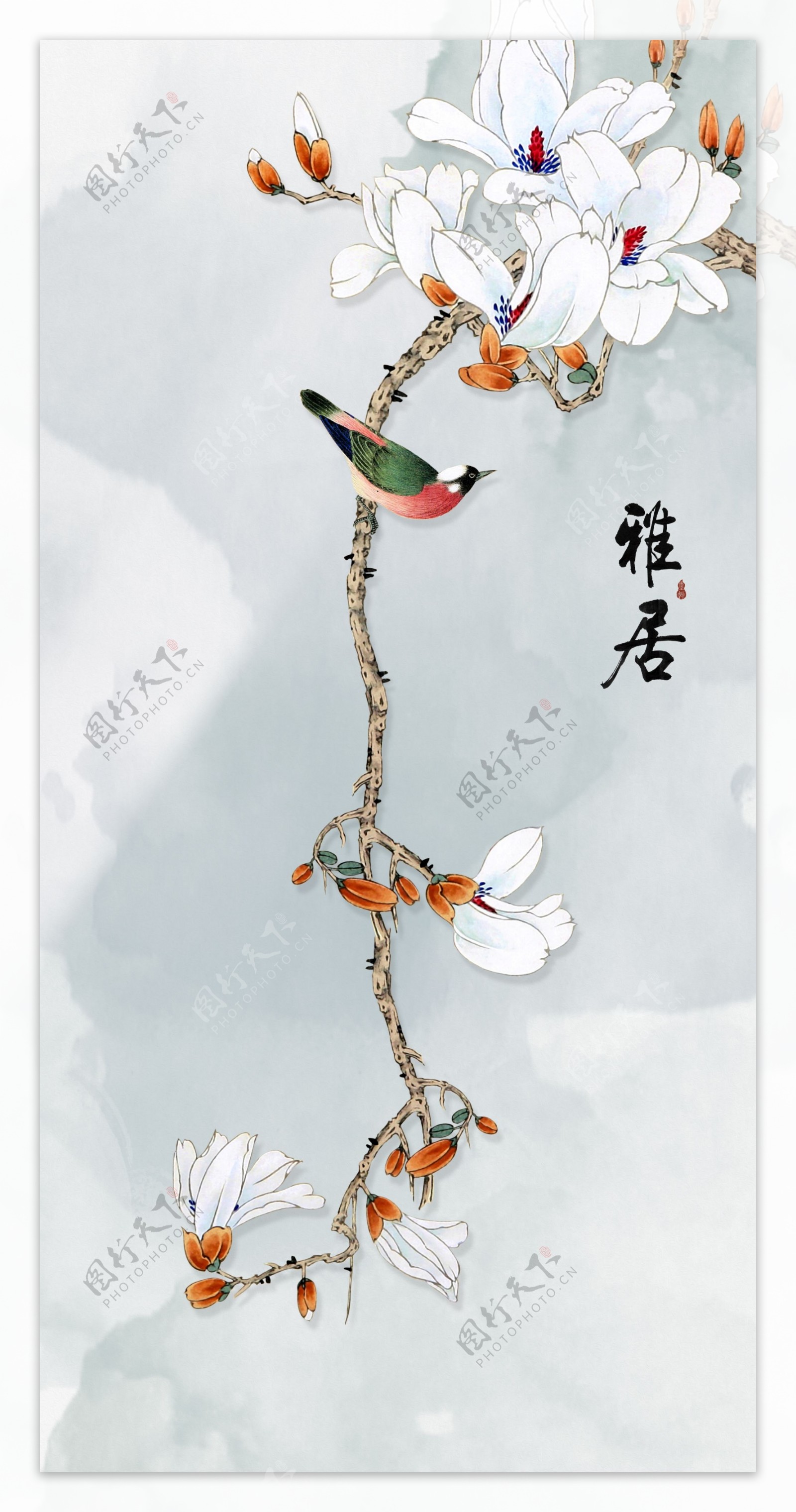 新中式手绘工笔玉兰花玄关背景墙