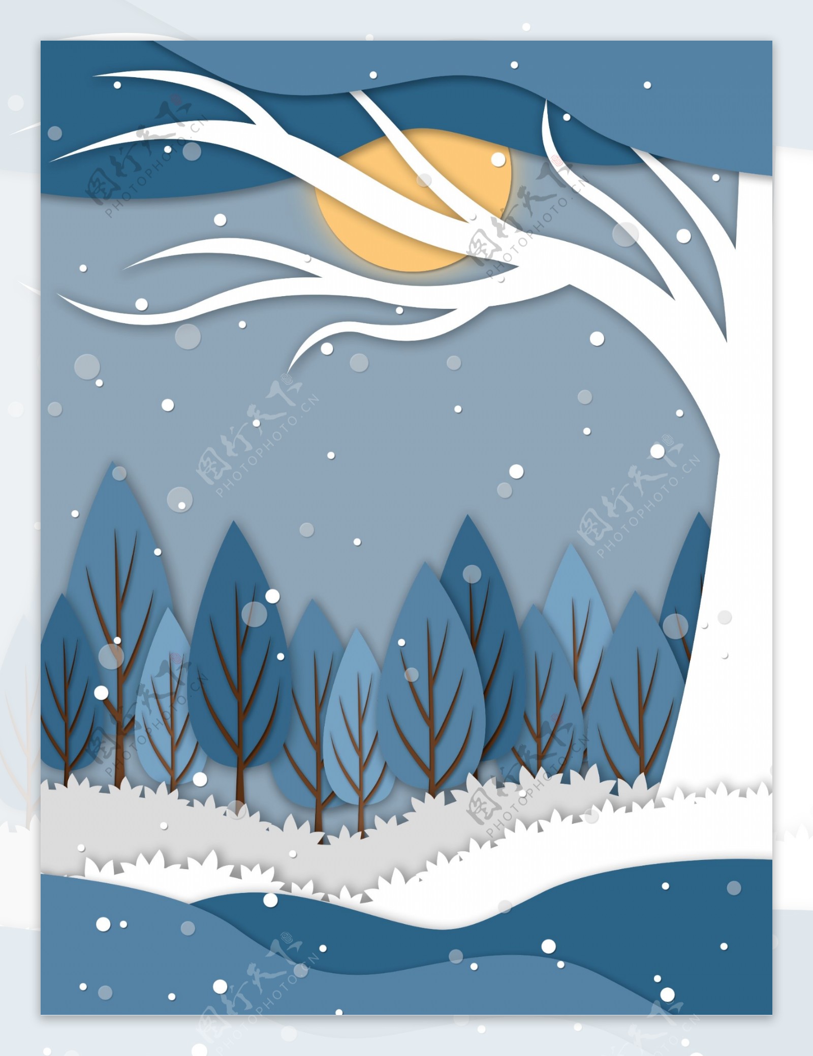 剪纸风冬季树林雪地背景设计